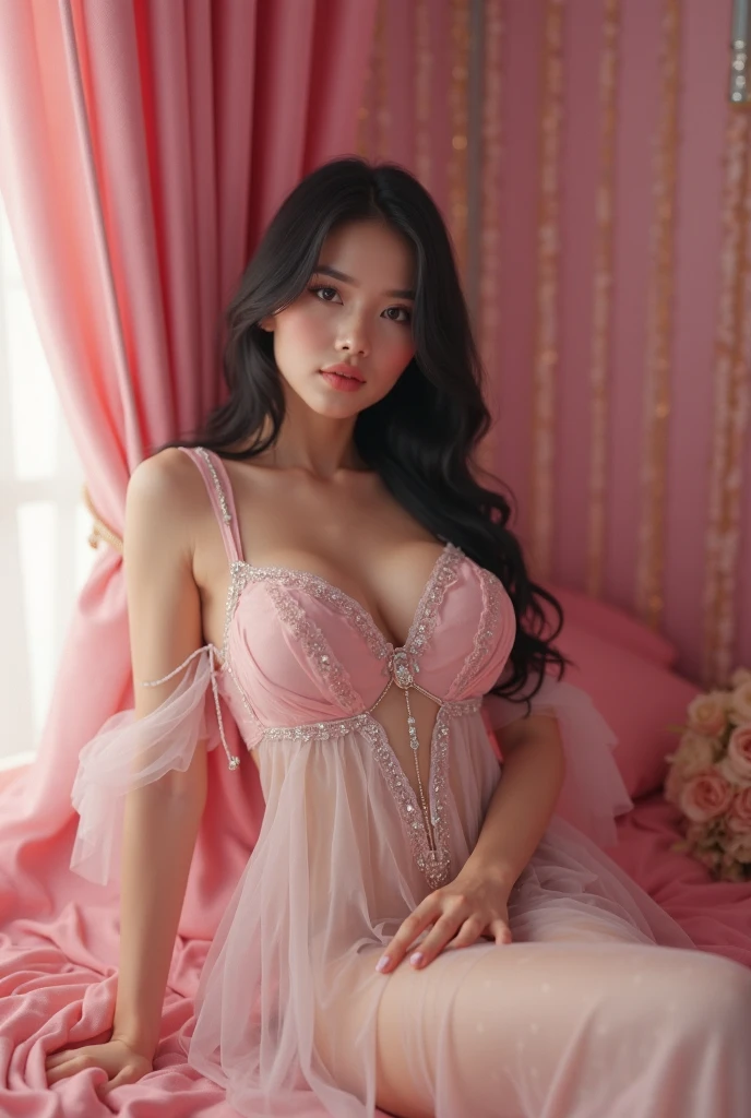 ((Highest quality、Flying debris、8k、Best image quality、Extremely intricate and detailed))、(The most gorgeous high-end prostitute princess:1.1)、(The most gorgeous prostitute princess' finest outfit:1.1)、The most vibrant and luxurious prostitute costumes、(An unimaginably luxurious goddess' room:1.1)、(Sparkly baby blue princess room:1.1)、The most luxurious purple and pink room、white and pink gemstones、A glittering room decorated with many jewels、Night room、Very intricate decoration、A very transparent goddess' room、Perfect Makeup、Long eyelashes、lipstick、Pink Eyeshadow、Perfect Anatomy、Ultra-high definition glossy skin、Ultra-high definition glossy lips、Ultra HD Hair、Ultra high definition beauty face、Ultra-high definition sparkling eyes、Long Hair、(A beautiful, captivating smile staring at me:1.1) big breast, beautiful smile
