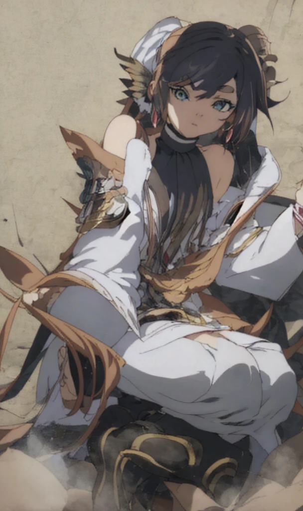 One person、Slender lizard man、masterpiece、Highest quality、Black body、There are scars on the body、Sharp Eye、Light blue lace underwear、Lace fabric bra、Knee-high socks、garter belt、Long, thin tail、Hooded camouflage coat、rifle、In the ruins、Accentuate your butt、Side view