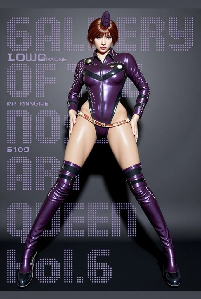 afro american women,dark skin,red brown Bob Haircut, purple sunglasses,black leahter crop Jacket, purple latex Leotard. big breast, purple Gloves, black leahter trousers, purple boots, standing