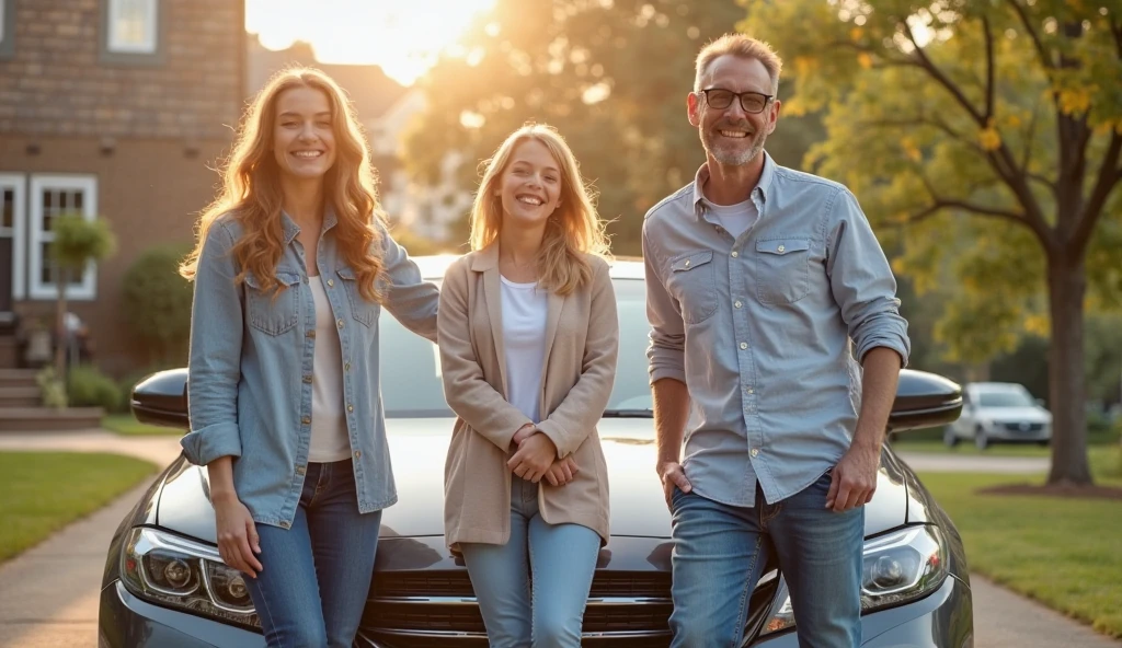 Create a realistic image with cars, that contains a modern father smiling, holding hands with teenage daughter and little son smiling and happy with car scenery 