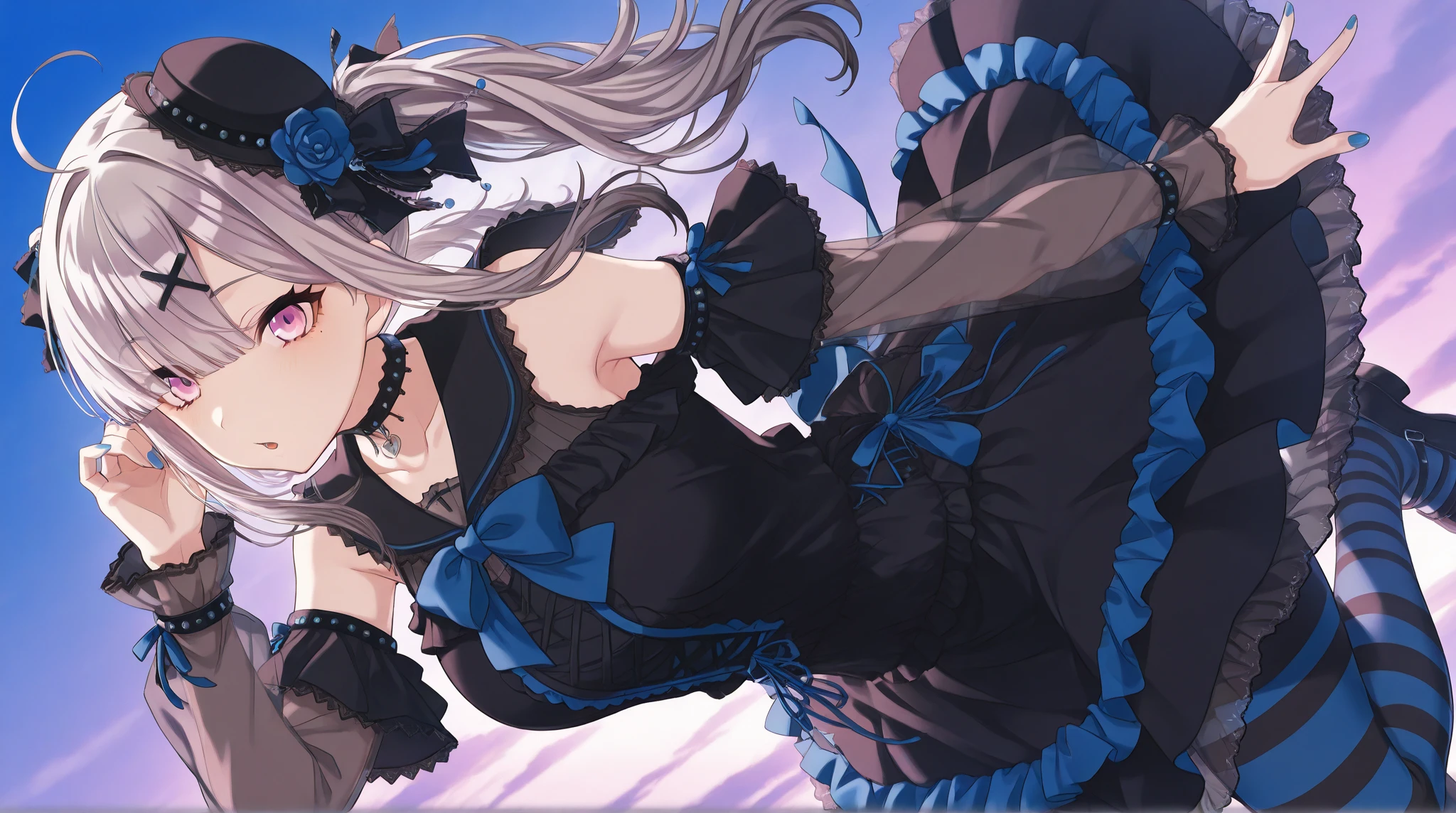 nsfw,((One man and one woman,Having sex)),on stomach,from behind,vaginal penis,アヘ顔,liselotte, blue hair, blue eyes,hair bow, capelet, corset, long skirt, bowtie,Open Mouth Smile,Simple Background