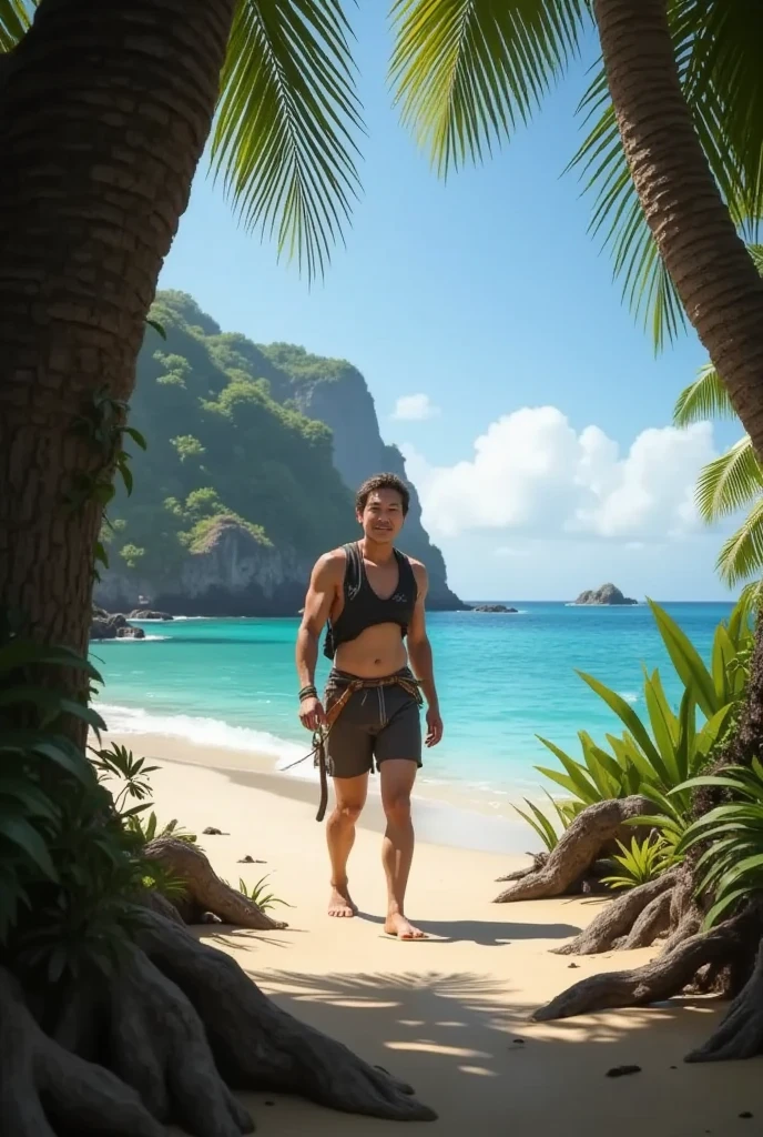 um homem rico de 45 anos, bem sucedido, is on a paradise island, a luxury boat appears in the scene