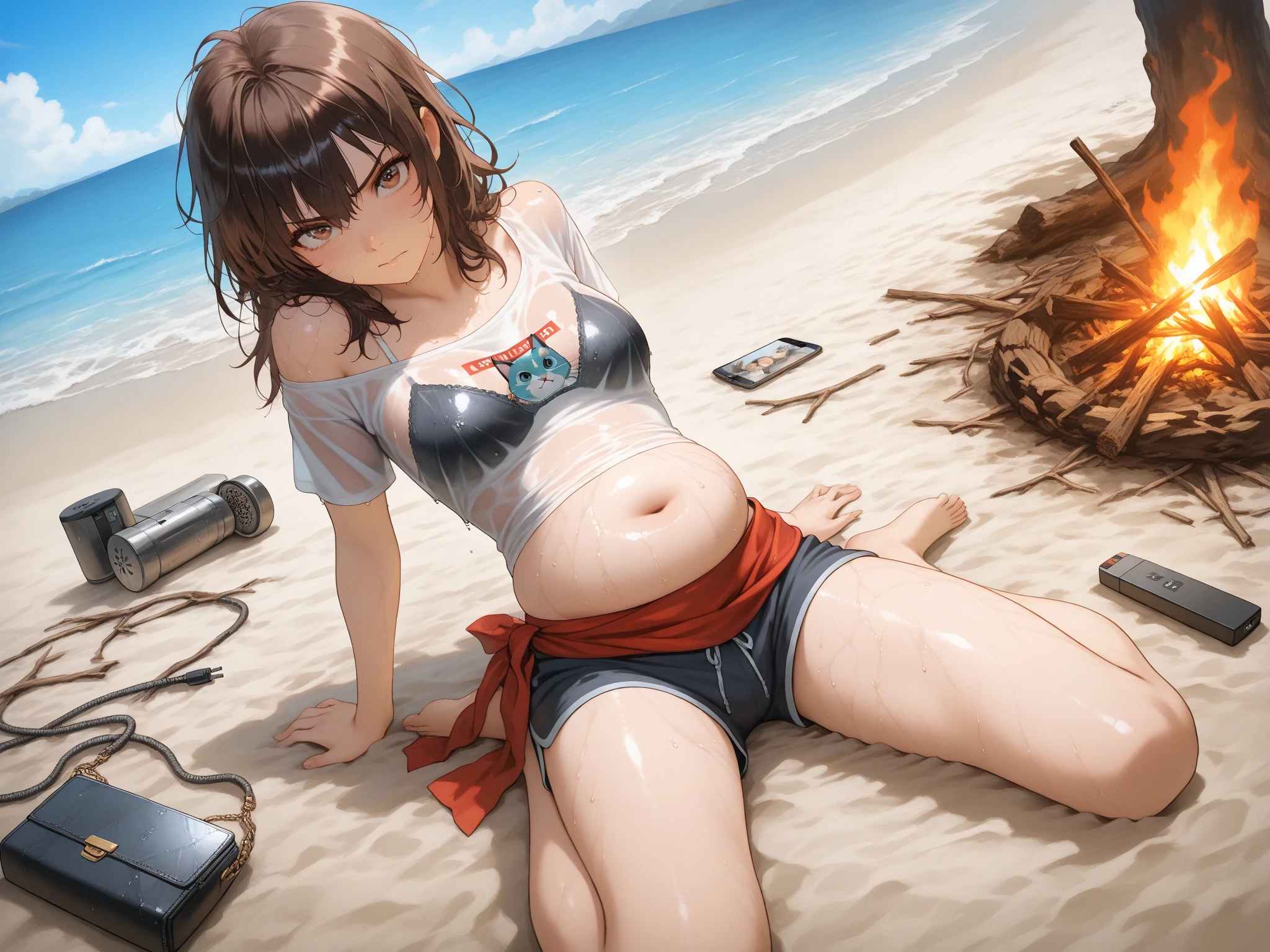 Ochako Uraraka/( Boku no Hero Academia )/, big breasts, lush breasts, voluminous breasts, firm breasts, sweat, wet with sweat, shin, heels, feet, five fingers, detailed hands, two tones of hair, red and yellow hair, lying, solo, one character, bare feet, no shoes, legs apart, gym locker room, (lying on his back), lying on a bench without a back, white lace underwear, legs apart, iron blue cabinets, tiled floor, top view, wet floor, (in white underwear), thin, no muscles, normal body