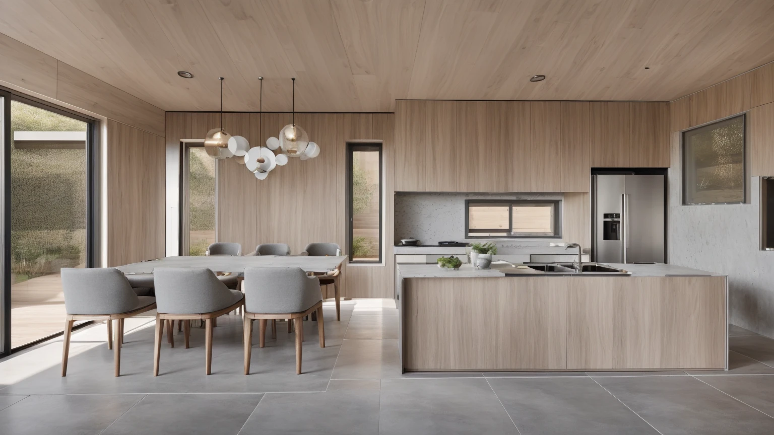 A modern open-concept kitchen and dining area, featuring a minimalist design. The kitchen has a wooden island with a built-in sink, concrete ceiling. sleek white cabinets, a stainless steel refrigerator, and a stove. The dining area includes a rectangular wooden table with six cushioned gray chairs, placed over a dark rug. The room is lit by contemporary pendant lights with round shades. Large glass sliding doors and windows provide natural light. The floor is tiled with large gray ceramic tiles, and the overall color palette is neutral with wood and metallic accents.

