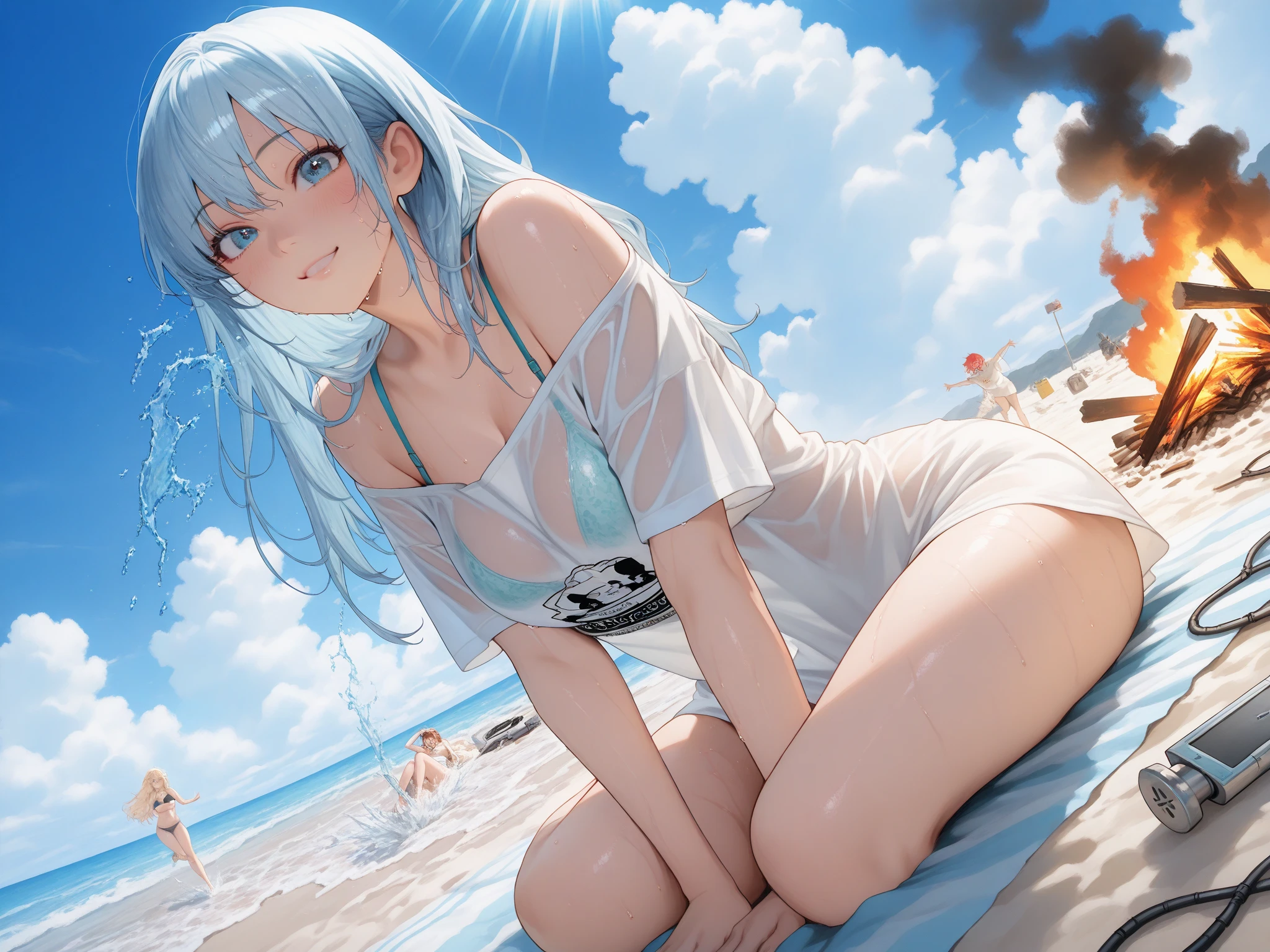 Highest quality, 4K, One woman in a swimsuit, Blue hair long, Big eyes, Young face, The face of shame, Small modest breasts, Small breasts, Slender Body, ((White bikini swimsuit, with ruffle skirt, Belly button exposed, Nipple erection)), Crouching on the beach, squat, Open your knees wide, Showing off your crotch, ((A close-up of the crotch from a low angle, Mankosuji)), Put your hands behind your head, Get wet, Sexy pose