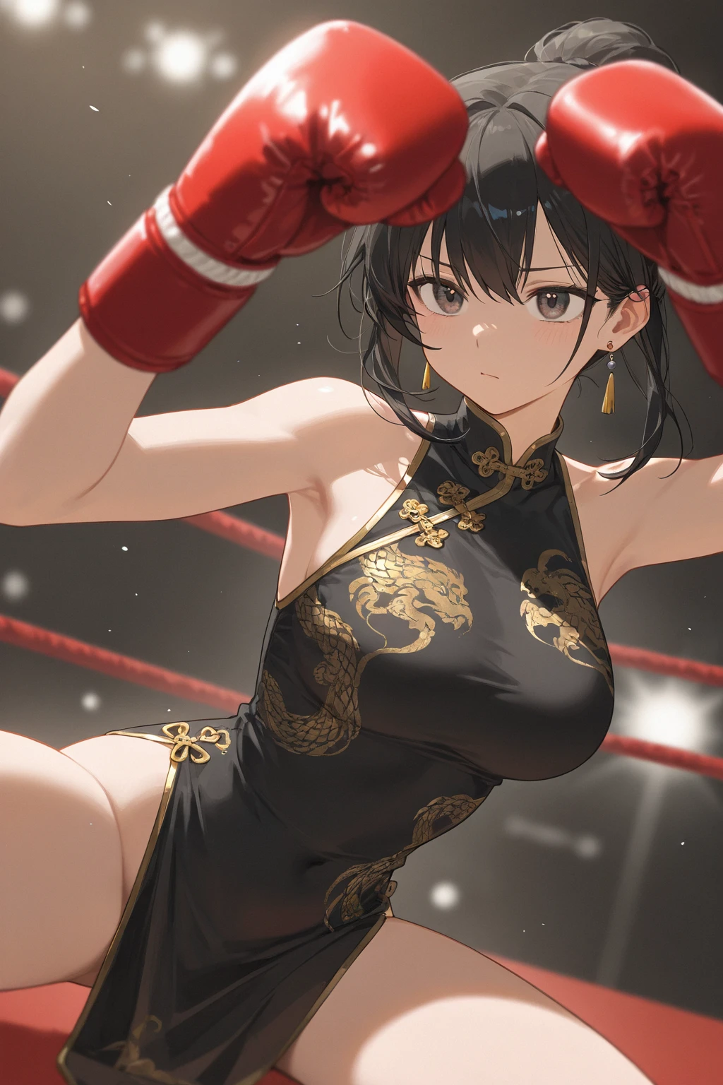 high quality, girl, Black straight hair, Red eyes, provocative,blush,Wearing cheongsam, Black garter stockings，high-heel boots，Wearing white boxing gloves, Hands in boxing gloves，Cleavage，nipple，Long legs，Sitting in the ring