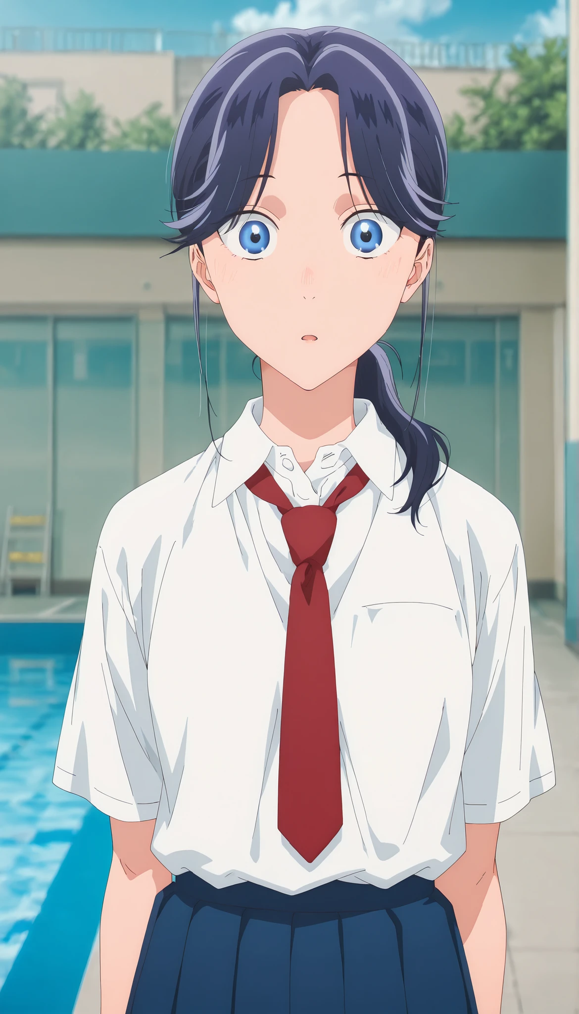masterpiece, , absurdres, highres, detailed background, high resolution, masterpiece, necessary, detail, best quality, quality, necessary, details, High details, Precise, outdoor, ,school, pool, sidelight, , , , , 
                                                                                                                                                                                                                                                                                                                                                                                                                                                  
detailed, anime screencap , anime coloring , official style , , ,

Break, girl , , <lora:Amaye_Moriya-20:0.8>Ayame, solo, blue eyes, ((low ponytail)), blue hair, white shirt, collared shirt, necktie, pleated skirt, , small breast, looking at viewer, wide eyed,