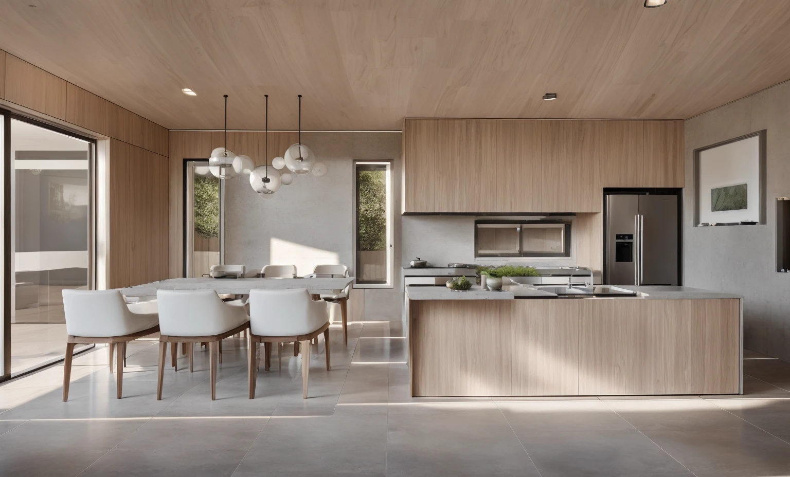 A modern open-concept kitchen and dining area, featuring a minimalist design. The kitchen has a wooden island with a built-in sink, concrete ceiling. sleek white cabinets, a stainless steel refrigerator, and a stove. The dining area includes a rectangular wooden table with six cushioned gray chairs, placed over a dark rug. The room is lit by contemporary pendant lights with round shades. Large glass sliding doors and windows provide natural light. The floor is tiled with large gray ceramic tiles, and the overall color palette is neutral with wood and metallic accents.
