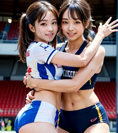 ((Highest quality、8k、Like the picture:1.4、masterpiece))、Backlight、Woman with highly detailed facial texture、　Big Breasts, Accentuate your cleavage, Cute Japanese Woman、18-year-old、(((Cheerleader:1.2)))、((Stadium Background:1.2))、Raise your arms、((Camera angle from below:1.3))、Ultra-detailed skin、Beautiful Makeup、Detailed eyes、((Big smile:1.3))、Open your mouth、（Big and round breasts）Shiny brown messy short hairstyle、Sculptural installation、((Raise both legs:1.3))、((Spread your legs:1.3)), ((Spreading pussy:1.4)), 