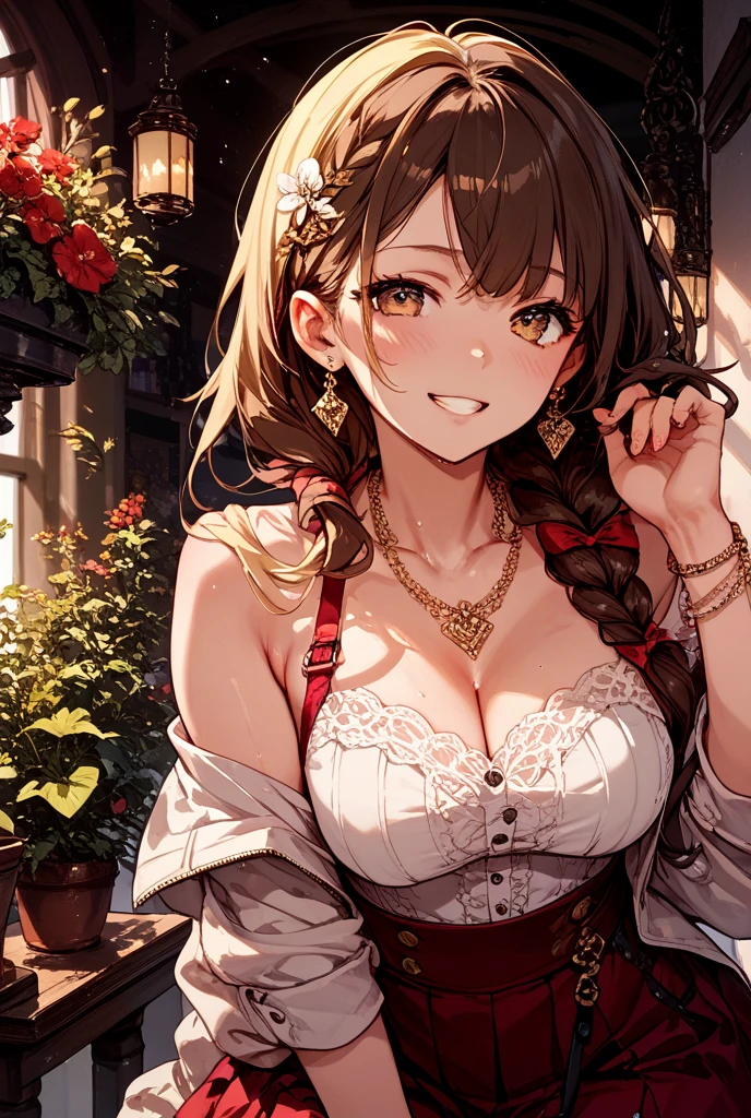 ((Tabletop, Highest quality, High resolution, , Pixel Perfect, 4K,))), 1 female, 、The whole body is visible、 ((Long Wavy Hair, bangs, Brown Hair)), ((Brown eyes, Beautiful eyelashes, Realistic eyes)), ((Detailed face, Blushing:1.2)), ((Smooth texture:0.75, Realistic texture:0.65, Realistic:1.1, Anime CG Style)), Medium sized breasts, Dynamic Angle, Perfect body, (( , , Beautiful Priest、、 Priest off-shoulder jacket、Priest Flare Skirt、、)), Gold Hair Ornament、Cross Necklace、Earrings、Very embarrassing panic smile, 、Gorgeous church basilica、、Hold a big Bible、Leaning forward、Stick your butt out、Lacy pink bra、、、、、 、Angle from below)、