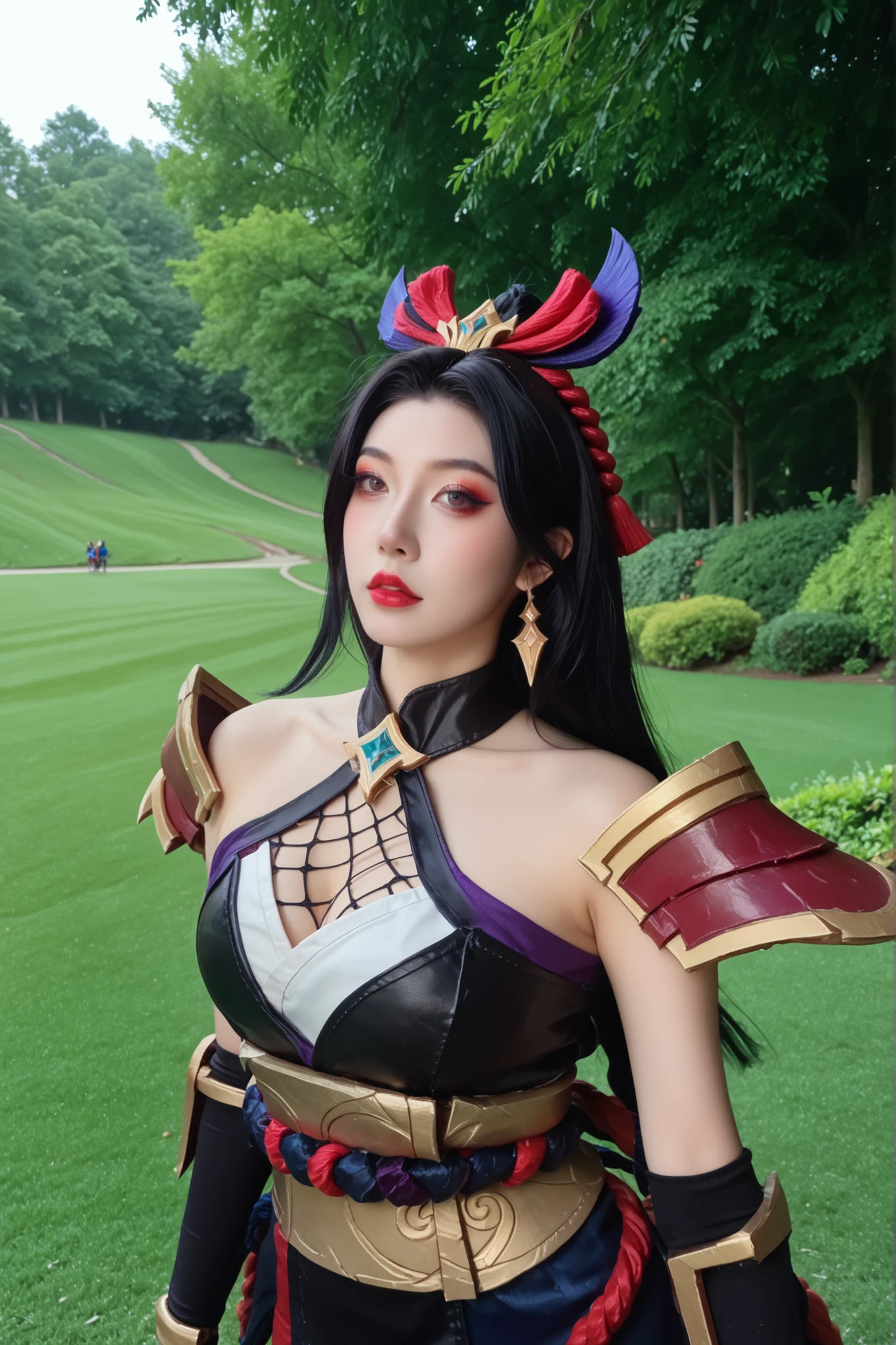 mulher cosplayer, ela é cosplayer de hanabi mobile from legends, hanabi from mobile legends, ultradetalhado, she's staring deafly ,pele real,textura da pele, she's standing on a lush green field
