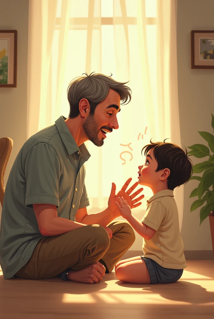 Create a drawing of a young bald father telling his son that he loves him in sign language,  Son with hearing aid