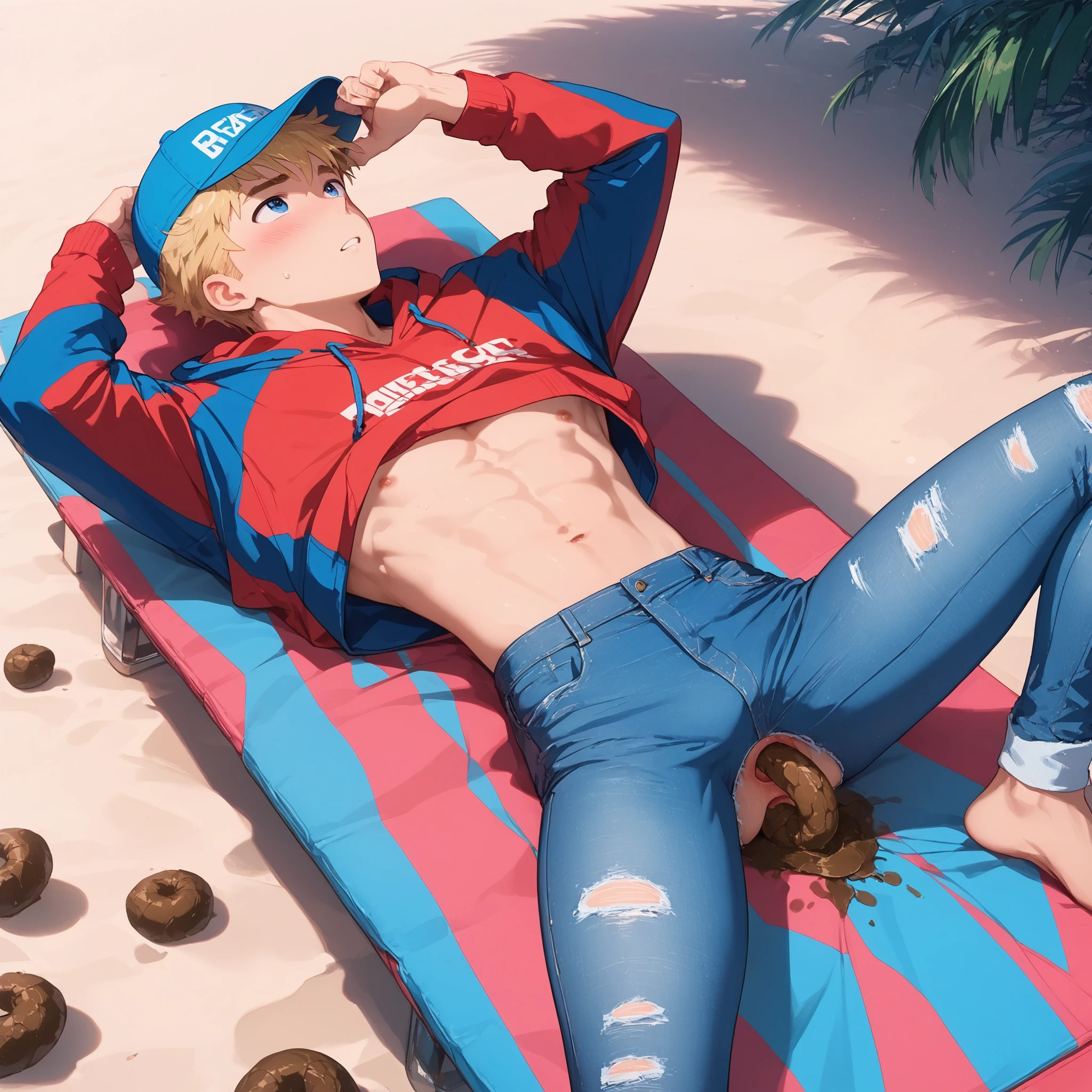 1boy, baseball cap, solo, blue eyes, blonde hair ,score_9, score_8_up, score_7_up, best quality. Slim sporty boy 1boy, wearing hoodie, 1boy, (is lying, Legs lowered:1.1), on the beach lounger ((( Poop ,)), internal, 1boy, blonde hair,, wide shoulder ,thin waist, wide hips, break, (a pair of light blue skin tight leggings jeans:1.8), (((jeans hole Poop ,, with poop))), . A hard piece of excrement protrudes from a small hole ween the back pockets of his jeans. , ,,blush