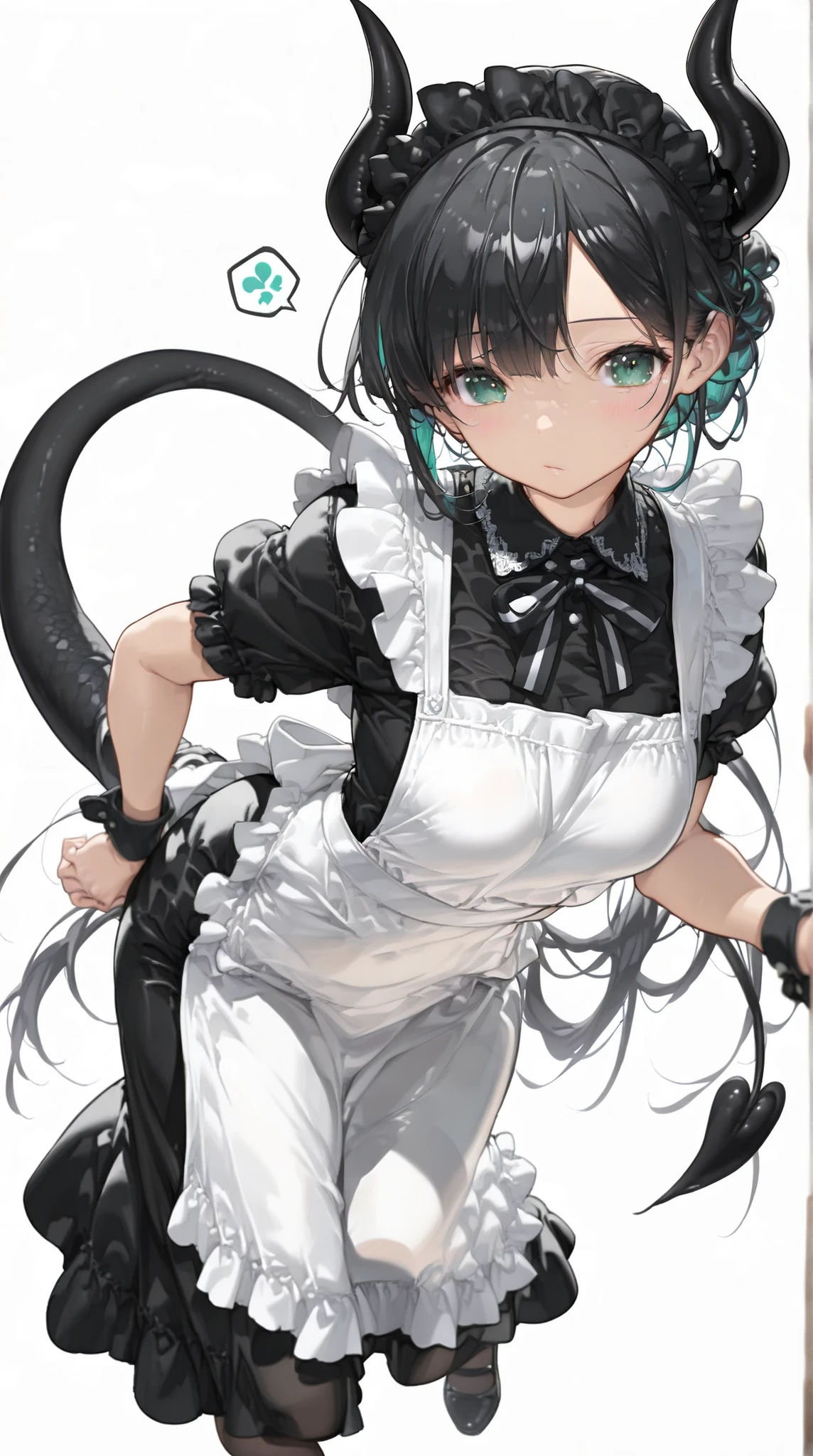 (((White background)))A woman in a black maid outfit black hair very long hair、Updo Have a big crystal ballFull body black Adult woman with dragon horns and tail black hair(High resolution masterpiece, , high resolution mode, highest quality: 1.2)(masterpiece: 1.5) Black hair, , black hair, girl, highlight color hairstyle, inner color, shiny black bangs,oblique bangs, beautiful green eyes, bull drooping eyes