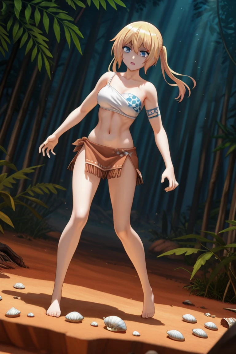 full body standing straight symmetrical, FEMALE Masterpiece, 1girl, solo, brunette hair, bikini, white long legs, lake, wet clothes, barefoot, full body, erotic expression, (( high clarity of crotch gaps, clear visibility of cross-part gaps, exposed lower body, exposed))