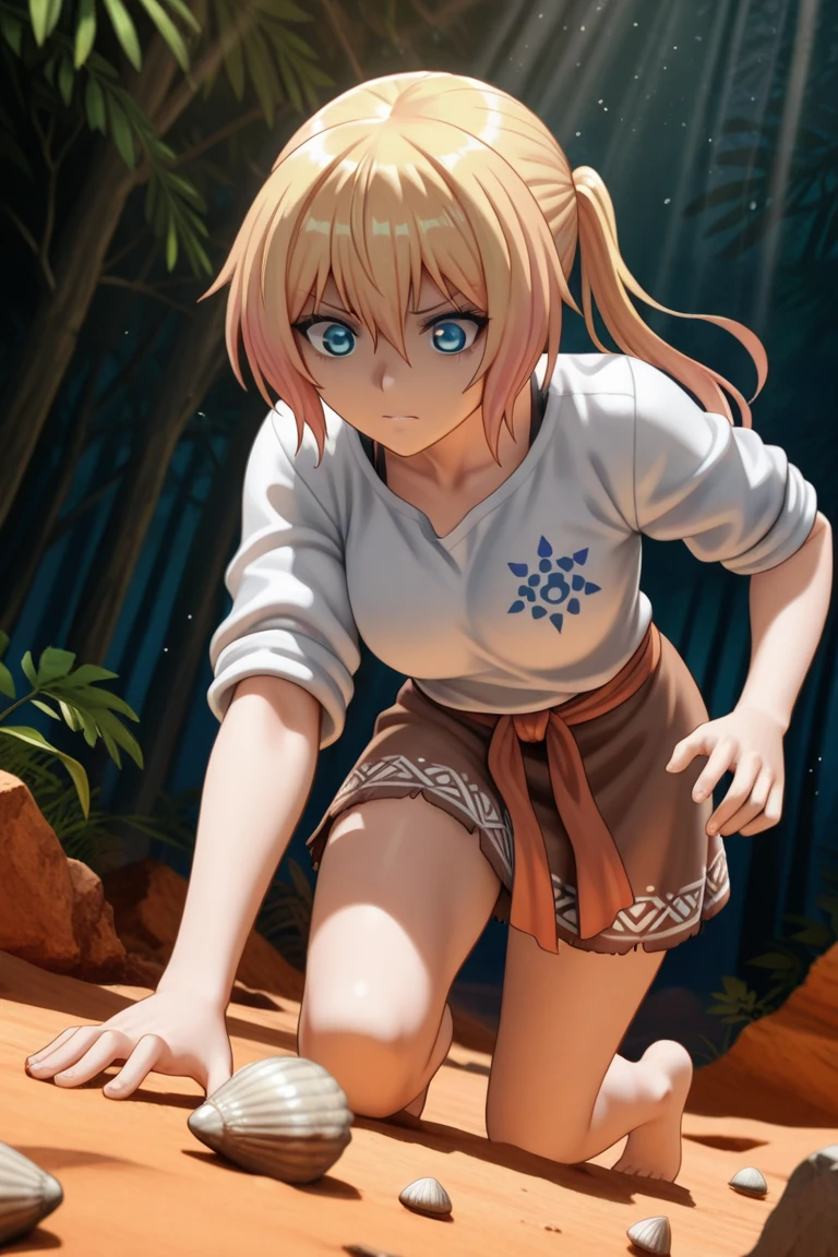 lucy from chrono ark, 1girl, solo, small breast, short height, soft smile, looking at viewer, blurry background, outdoors, full body, slim, ((masterpiece)), best quality, 4k, cinematic lighting, ray tracing, reflected light, panorama, flat chest, high detailed illustration, high detailed background, hi-res, naked, no clothes, bare breasts, bare skin, no clothes, hand between legs, covering chest with arm, small round nipples, white scarf, legs together, sitting, bare feet, feet soles, naked body