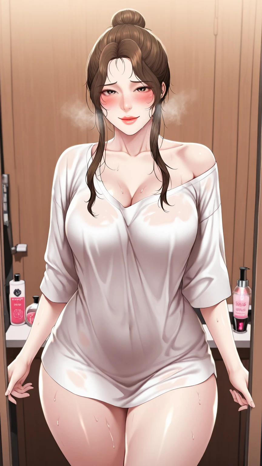 15-year-old girl with a pure face, big breasts, super big breasts, obesity, fair skin, erotic pajamas, transparent gauze, lace lace, glasses, milk running from the corners of her mouth
