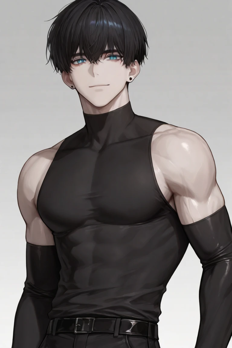 Chico, man ,only one person ,black fur, long,fringe, male body , white and skinny, sportswear, voléybal,backwards, number 129 on the back, Level of detail