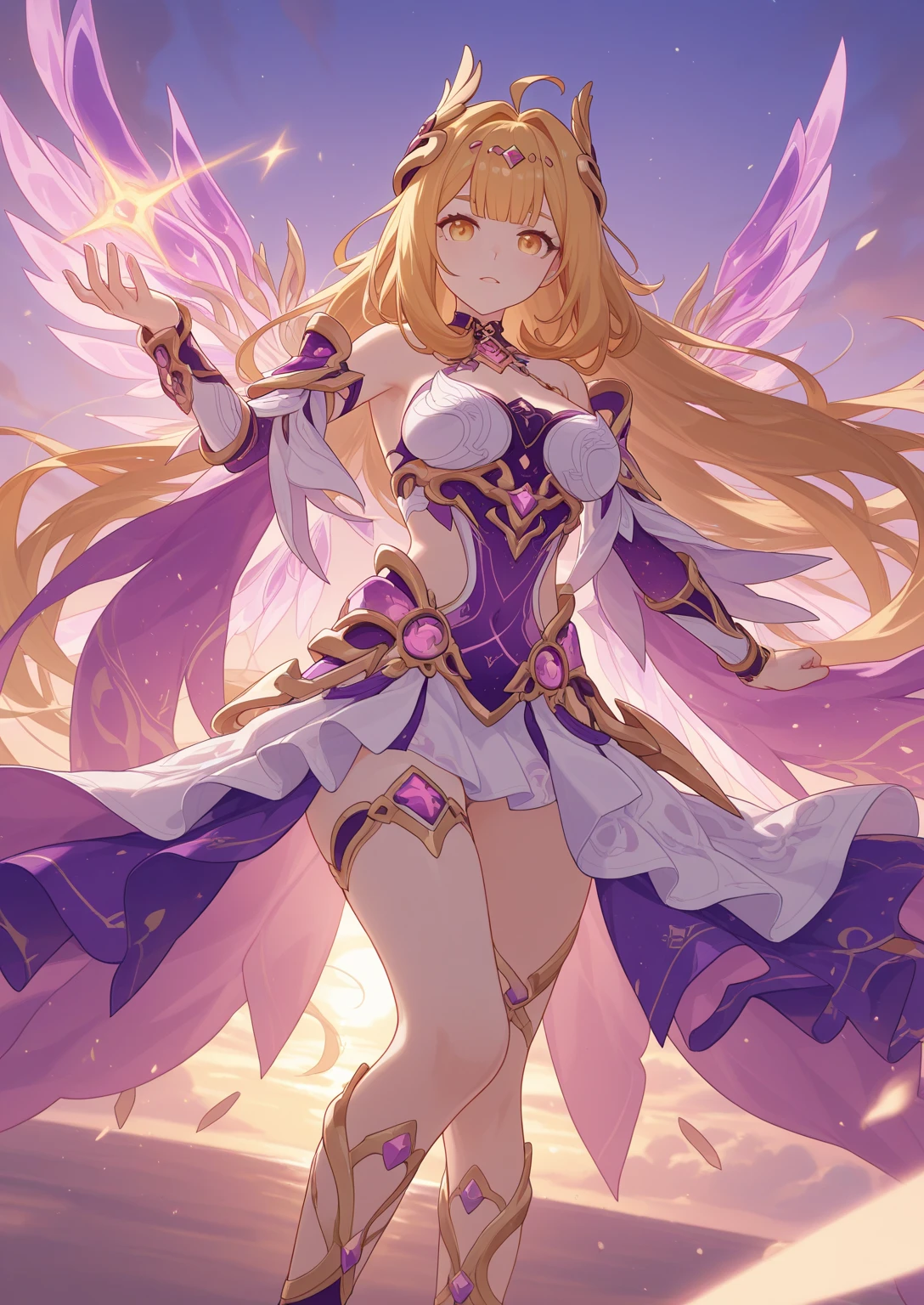 A cheerful teenage Jpop idol with very long blonde hair in curly twintails, wearing a purple unicorn costume with a miniskirt, pink boots, and angel wings, singing joyfully, intricate details, vivid colors