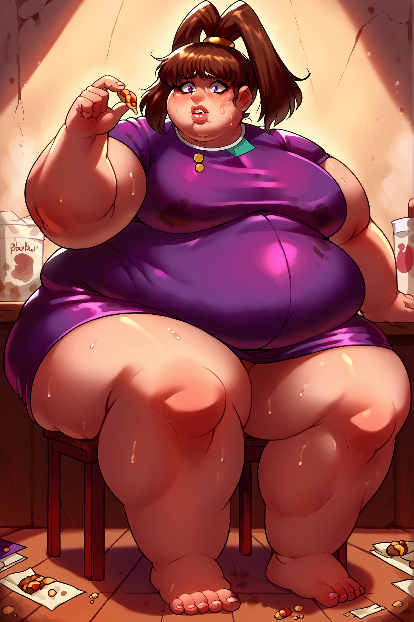 1girl, Brown hair, high ponytail, purple eyes, jewelry, short dress, purple dress, Pink lab coat
BREAK, giant hands, giant feet, fat, chubby, obese, gigantic arms and legs, gigantic breasts, sagging breasts, full body shot, fat face, chubby face, double chins, big lips, sitting on chair, lazy, slob, messy hair, sweating, sweat stains, grease stains, lab room, food wrappers, junk food