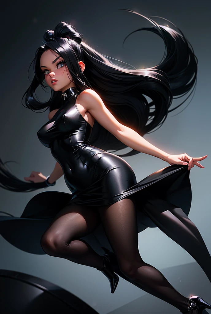(best qualityer,4K,8K,high resolution,work of art:1.2),ultra detali,(realisitic,photorealisitic,photo-realisitic:1.37),long black hair,skin fair,blue colored eyes,curved, in black panties, latex clothing, black long cape, black vinyl, black vinyl panties, open arms, wide open arms, black vinyl panties, shiny vinyl clothing, shiny vinyl panties, long hair, long black hair, black hair, long blcka hair, long black hairs, Only in panties, vinyl panties, shiny black latex panties