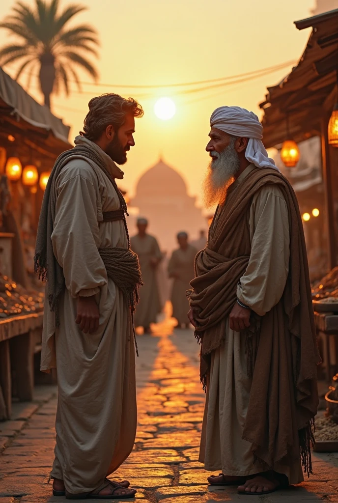 Two Muslim men,  sad and sad, standing in the market, early morning