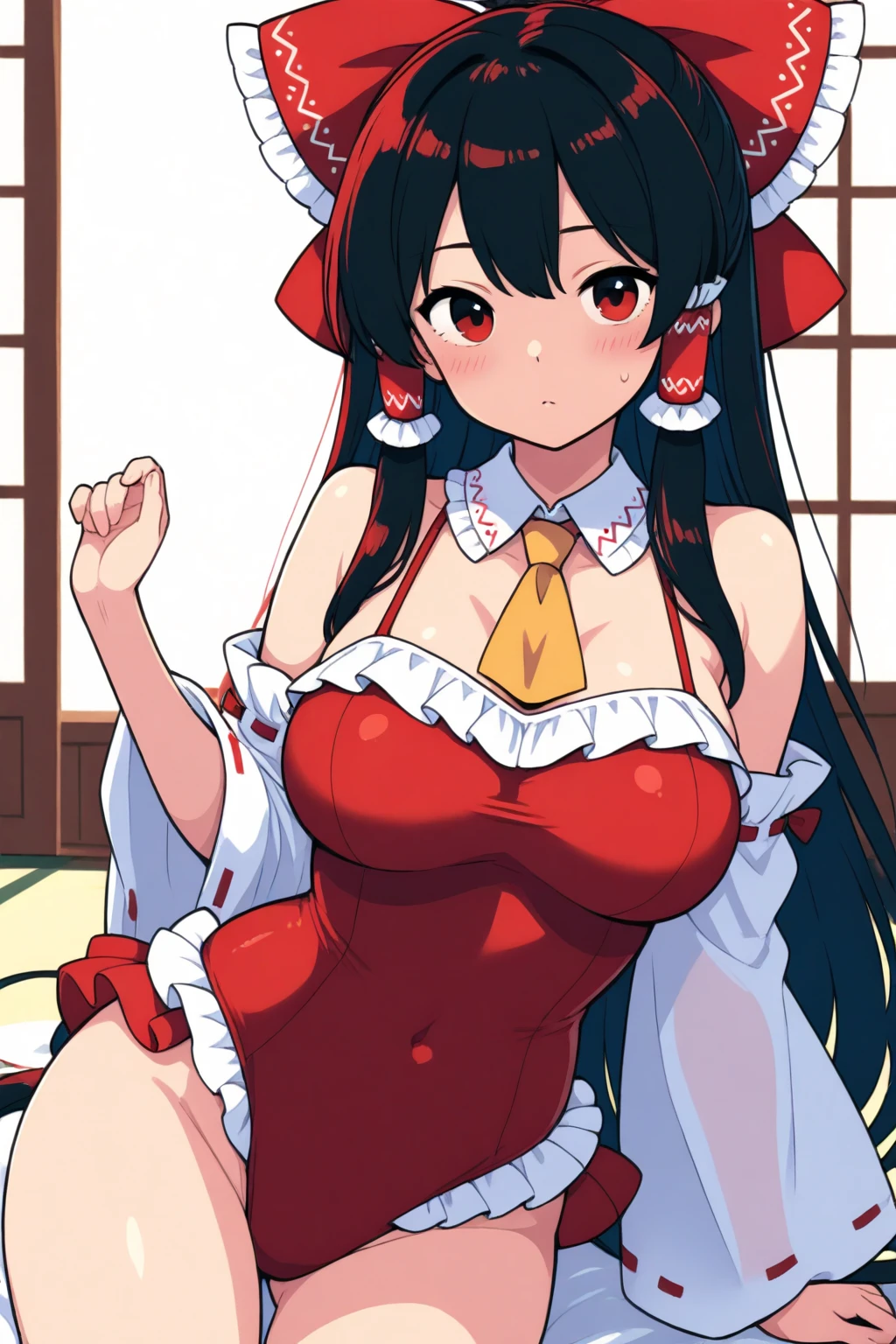masterpiece, best quality,solo,(((Hakurei Reimu))),black hair,((blush)), ((tears)), ((shy)),((gag)),((white thighhighs)),((frilled socks)), ((((mary janes)))),((arms_behind_back)),((legs together)), ((bondage)),((shibari)),