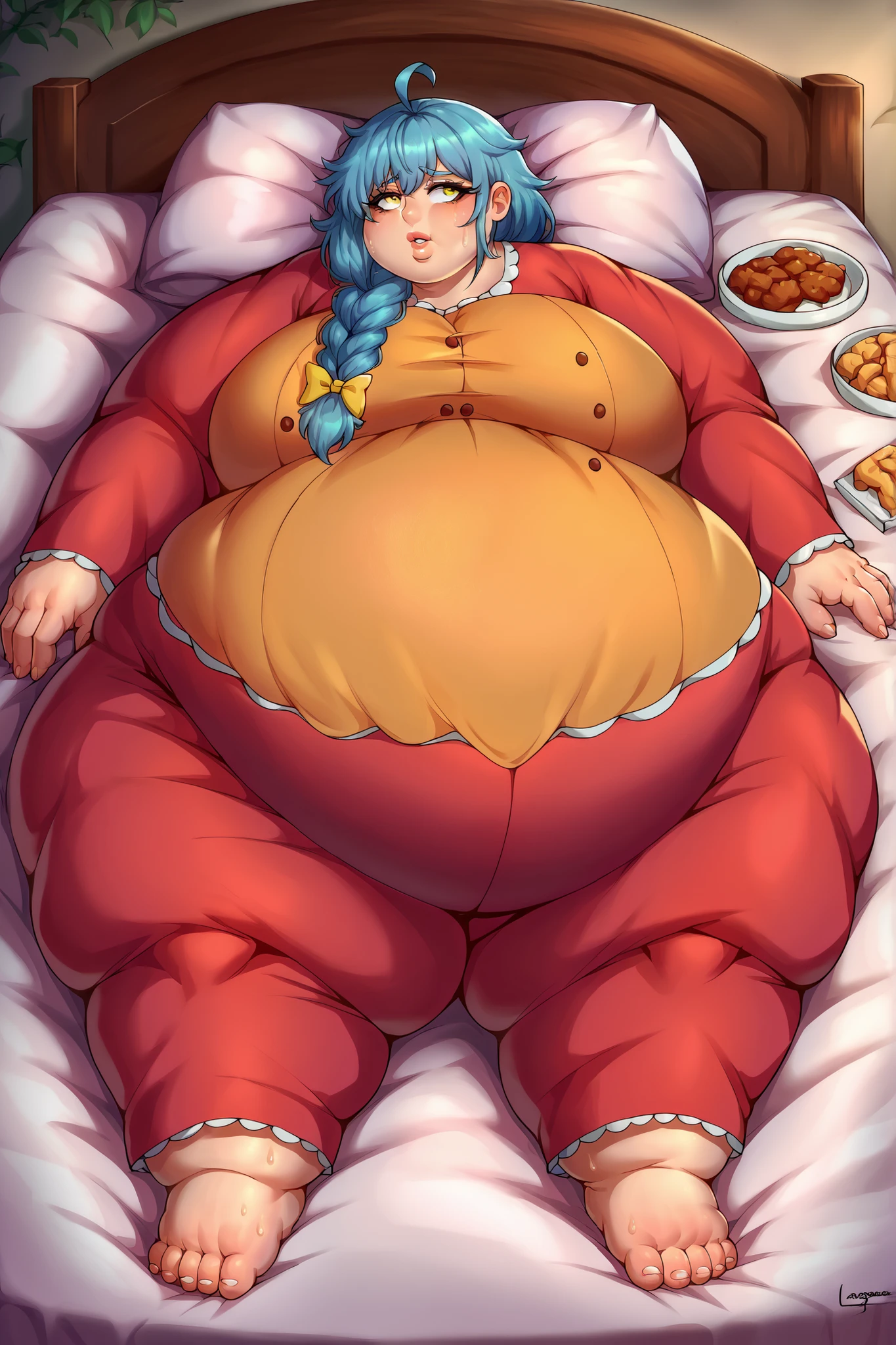 Fat, chubby, large belly, pregnant, obese, very fat, faruzan, big belly, very fat, large stomach, chubby (best quality, masterpiece), thanksgiving, wearing sweater, grabbing belly, sitting down, table with of food, table tons of food, lots of food, holding belly, table with food, sitting, wearing sweater, Christmas, Holiday, Christmas cookie, faruzan from genshin impact