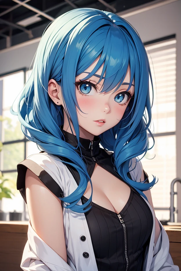 ((highest quality)),(ultra high resolution),(Super detailed),(detailed description),((best CG)),(best work of art),super precision art, great drawing art,(Art with precise details:1.5), 1 girl, solo, ((blue hair)), ((blue eyes)), beautiful face, long eyelashes, natural eyebrows, ((white t-shirt)), ((pink school skirt)), (looking at viewer), earrings, ear piercing, large breasts, thick thighs, cleavage, pale skin, flirty smile, juicy lips, posing sexily, sultry eyes, ((long bangs)), ((black choker, necklace)), (cat ears), close up, portrait, school, sitting on table, selfie