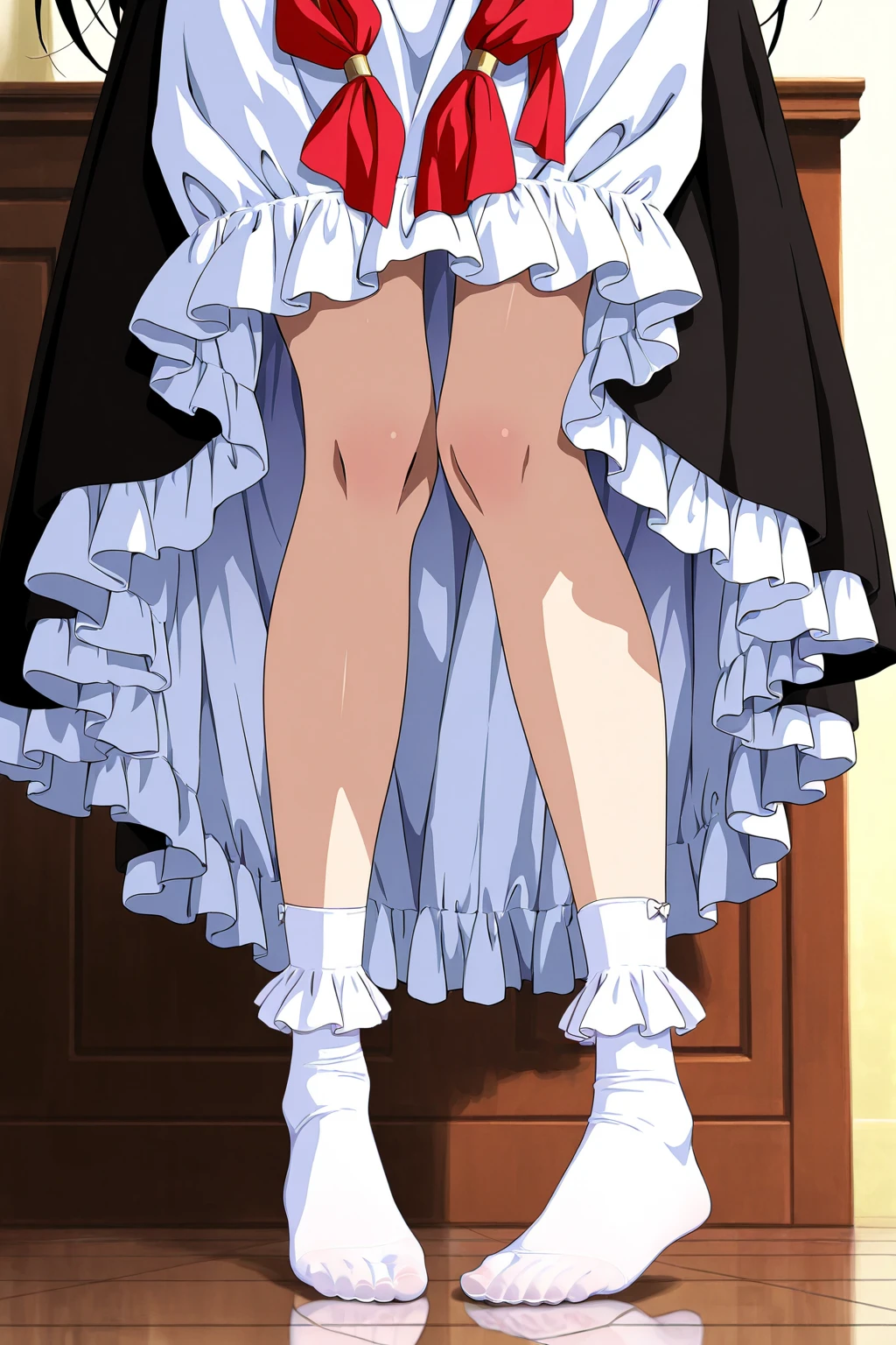 10 year old girl underwear, Realistic bloomers made from patterned cotton fabric, Medieval one-piece dress with panniers, Fabric Realism, Low - Angle, I see bloomers, Pull up the dress by hand, Strong winds, Translucent slip, Translucent slip, tights, Highest quality, Crotch close-up, whole body