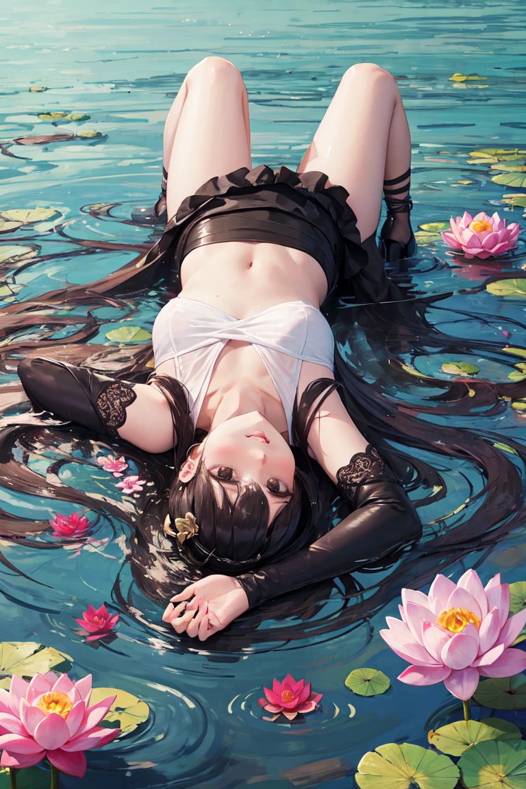 1female，45 yers old，Married woman，legs long, a slender waist， photo exposure， 独奏，（Background with：lake，lotus flower，Under water） She has long black hair，Lie underwater，seen from the front， curlies， sky with many clouds，（（（tmasterpiece），（Very detailed CG unified 8k wallpaper），Best quality，电影灯光，detailed back ground，beautiful pupil，（very delicate beautiful），（Beautiful and detailed eyes description），ultra - detailed，tmasterpiece，））Redlip，Snow-white skin，a little bit chubby，pubic hair very large，facing at the camera，A high resolution，ultra - detailed），Revealed，Very huge，， convex，Camel toes，The cleavage protrudes，（dressed in：police hat，White lace petticoat），