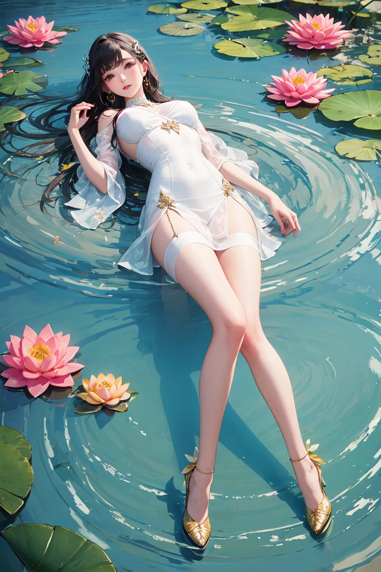 ((4K,Masterpiece,Best quality)), shuimobysim, Traditional Chinese painting, lotuses, no clothes are worn, Solo, ssmile, standing on your feet, feet in water, The barefoot,