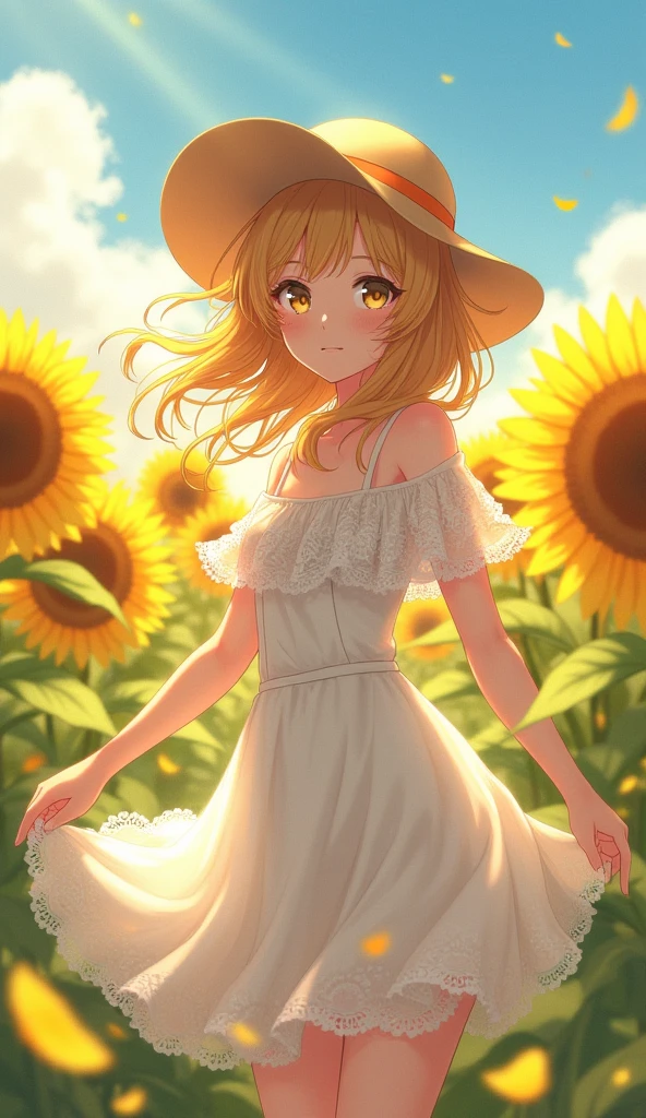 Fuwa Aika,1fille blonde, blue eyes, bare, (white lace dress:1.2),robe fluide (chapeau pare-soleil:1.2), Champ de tournesol, sous le soleil, slight smile,regarder le spectateur, vent, vibrant, Strong light and shadow,vibrant pose,