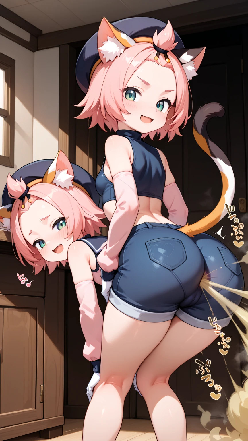 masterpiece, 1girl in, Solo, cute girl, (((Skunk Girl))), Pink hair, (((skunk tail))), (((big tail))), one tailed, tail inside the skirt, ((animal ears)), Long hair, succubus clothes、((Succubus horns))、((Succubus Wings))、Sheer clothing、(panty shot:1.2)、Take grin, evil smile、(skirt lift:1.2)、Petite、(Granblue Fantasy:1.2)、(nsfw:0.9)、best quality、(blue white panties), ((((horizontal striped panties)))), massive ass, Turn around and look back, fart, onara, fart, farting, big fart, Fart from the ass, Yellow smoke, Yellow smoke is rising, ((room full of yellow smoke))