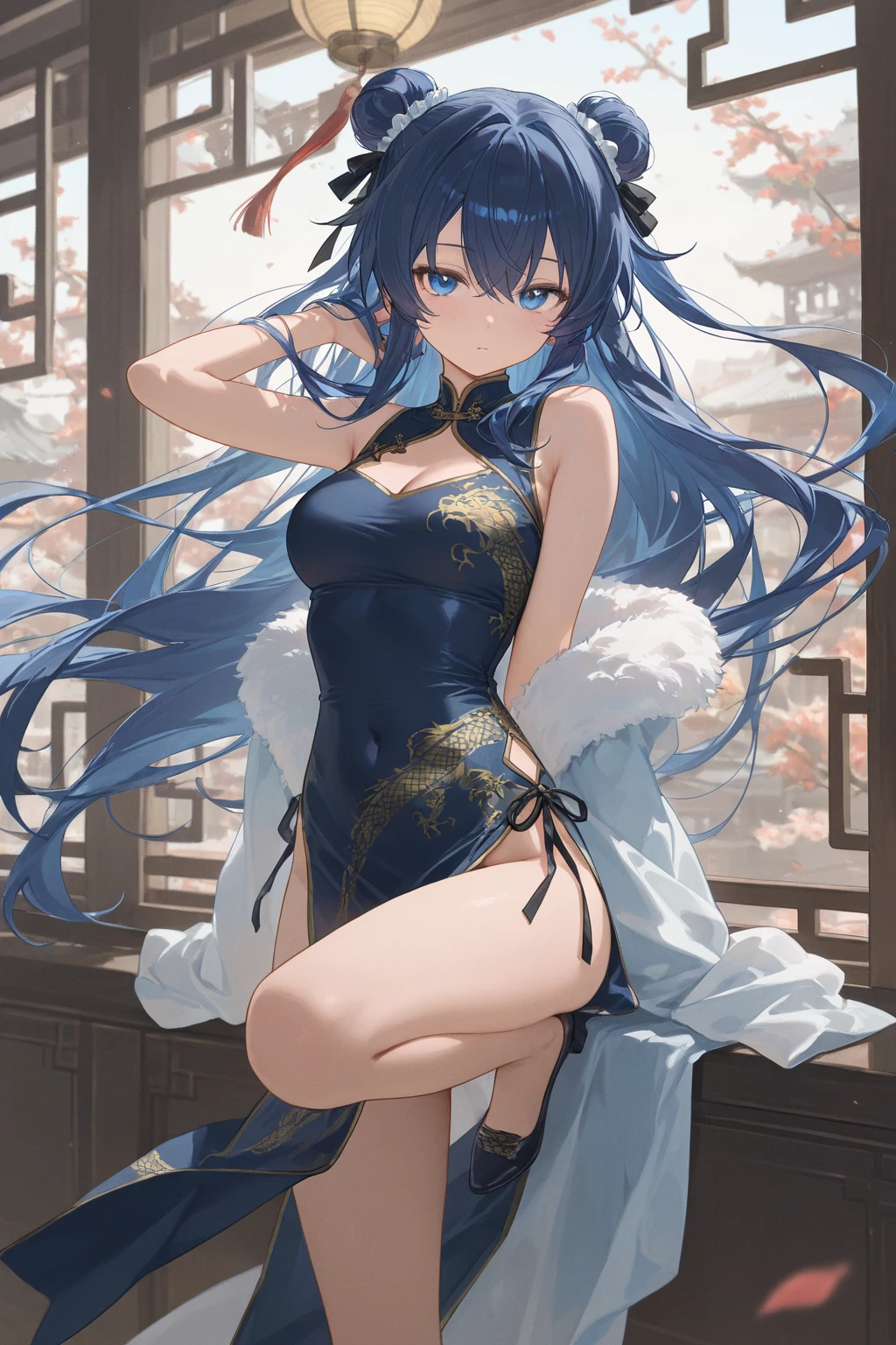 ((masterpiece:1.4、highest quality:1.2))、1 girl、focus only、delicate face、Highly detailed anime face and eyes、(blur the background：1.3、(conversion sequence)、((straight long hair))、I、I、12 year old girl、Japanese、、Chiquita、、black haired、((white and blue chinese leotard))、（High leg）、Tiara on the head、laughter、Are standing、facing the front、