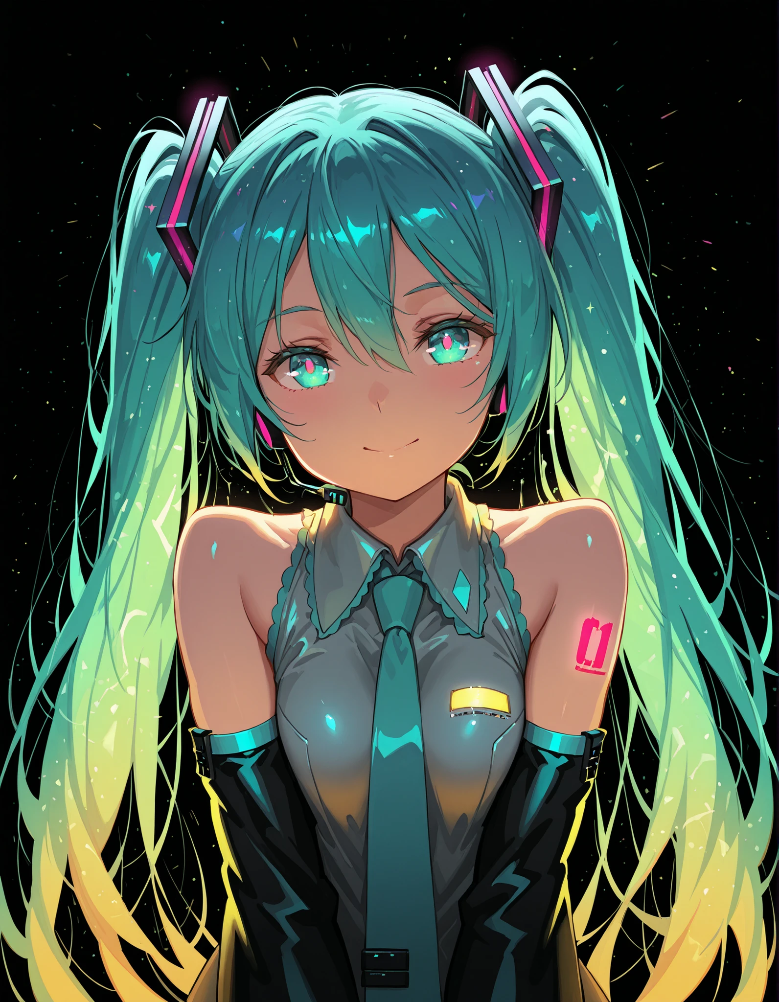 awdstyle,, Hatsune Miku,limited palette,black background,colorful,vibrant,glowing outline,neon,blacklight,looking at viewer, masterpiece, very aesthetic