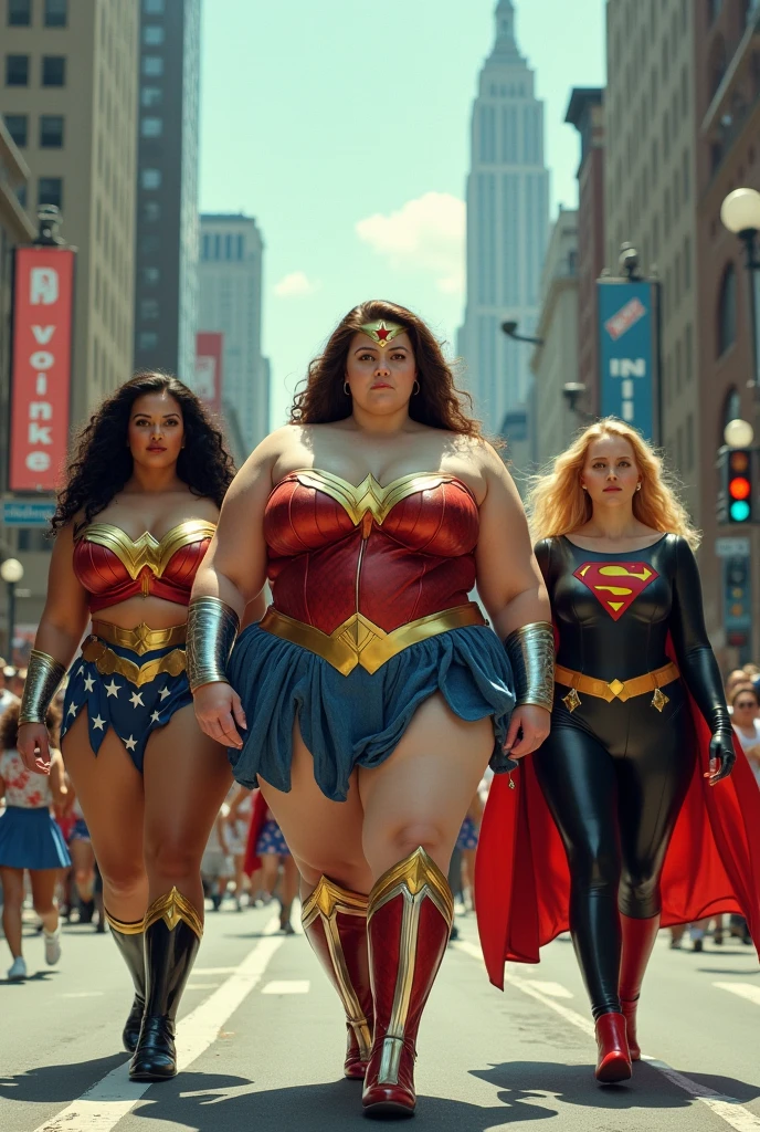The most beautiful picture in the world. A team of fat black giant bbw polynesian female sumo evil superheroes from outer space destroying a tiny city. Art by Stanley Artgerm Lau, Charlie Bowater, Julie Dillon. absurdrez, midjourney, trending on deviantart, masterpiece, directed by steven Spielberg, Guillermo Del Toro and peter jackson. intricate details, 4k, 8k, highres, absurdres, best quality, high quality. (dark skin) ebony, chubby, wide shoulders, stocky, chonk, thicc, chonky, black and gold, powerful, intimidating, bully, thick thighs, fat thighs, leotard, dominant, domineering, dom,