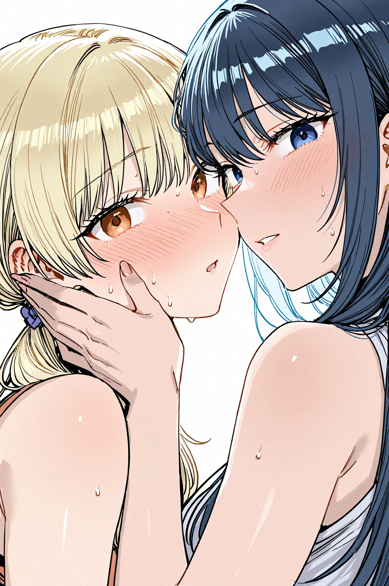 (masterpiece, best quality, ultra-detailed, high resolution, detailed eyes), (vulgar), nsfw, takeda hiromitsu style, 2women, group of women, curvy body, large breasts, licking penis, large penis, pov,