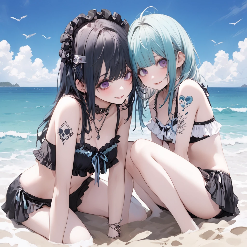 (Sky blue medium hair),(Braided hair tied together)、Pink eyes、Fair skin、(whole body)、(One Girl)、Black frilly swimsuit、Stylish sunglasses、Shining white sand beach in midsummer、Okinawa's ocean、A big smile、、(masterpiece、Highest quality、Very detailed、Best Shadow)、(Detailed Background)、(Beautifully detailed face)、High contrast、(Best lighting、Very delicate and beautiful)、((Cinematic Light))、colorful、Hyper Detail、Dramatic Light、Exquisite detail、Standing with your legs apart