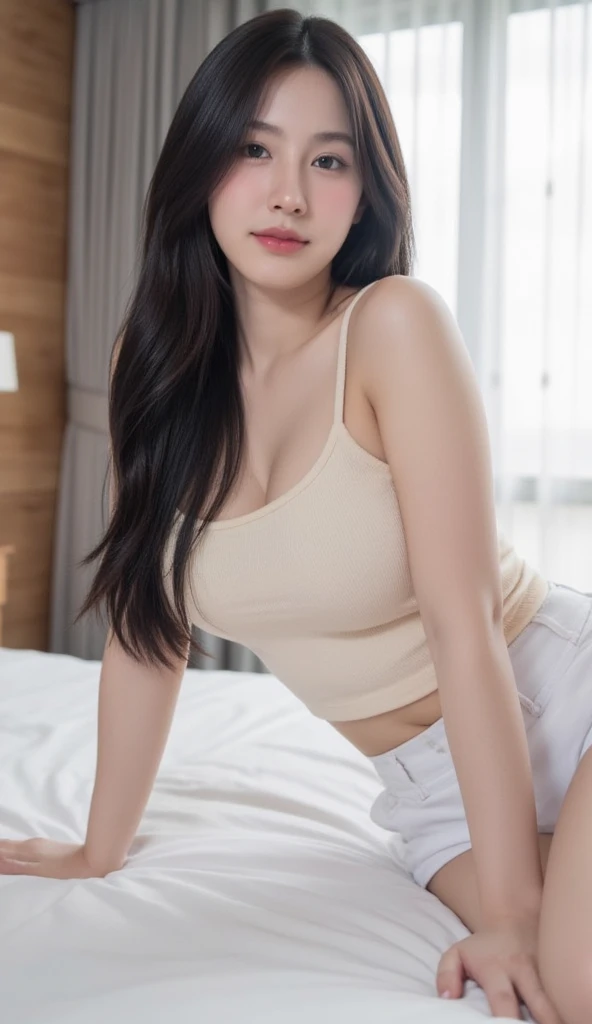 1girl, beautiful detailed eyes, beautiful detailed lips, extremely detailed eyes and face, long eyelashes, kpop idol, looking at viewers, tank top, beautiful detailed skin, glowing skin, natural lighting, soft warm colors, cinematic lighting, highly detailed, 8k, photorealistic, textured skin, super detailed, UHD, black hair, from side