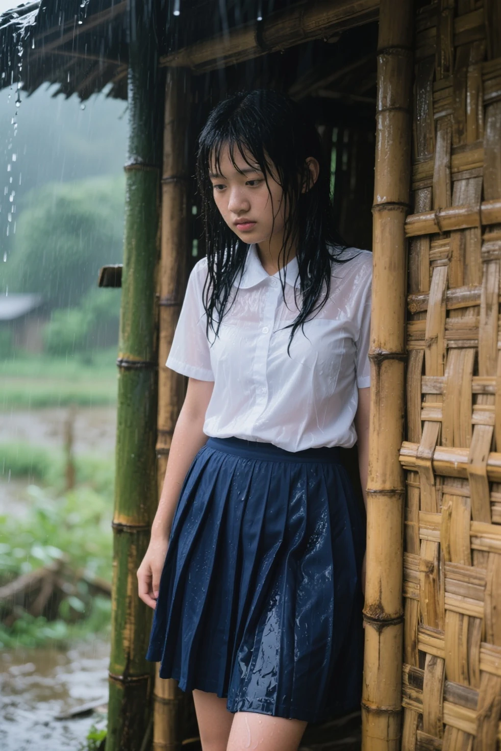 Natural image quality,(((looking at the camera))),1People Girls,Japanese,20-year-old,Beauty,Are crying,((Crying)) ,tears,Short-sleeved summer clothes,skirt,(Disheveled Hair), ((Wet Hair)), ((Wet body)), ((Wet clothes)), ((Wet Face)), (The whole body is wet from rain), (Rainy city office district)