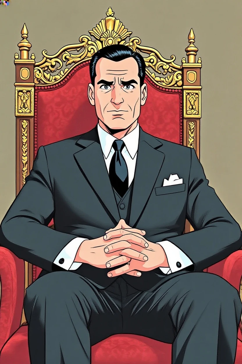 comic Baroque short (John F. Kennedy) , wearing Honest Aluminum One-shoulder dress, Sitting with hands around ankles, graphic illustration, comic art, graphic novel art, vibrant, highly detailed