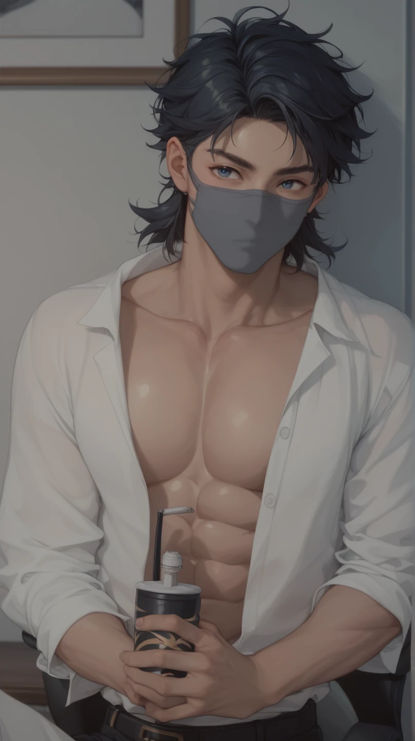 anime style, man with brown hair and brown eyes with his face covered with a mask, good physique, without clothes, desnudo en la cama, escribiendo en una laptop