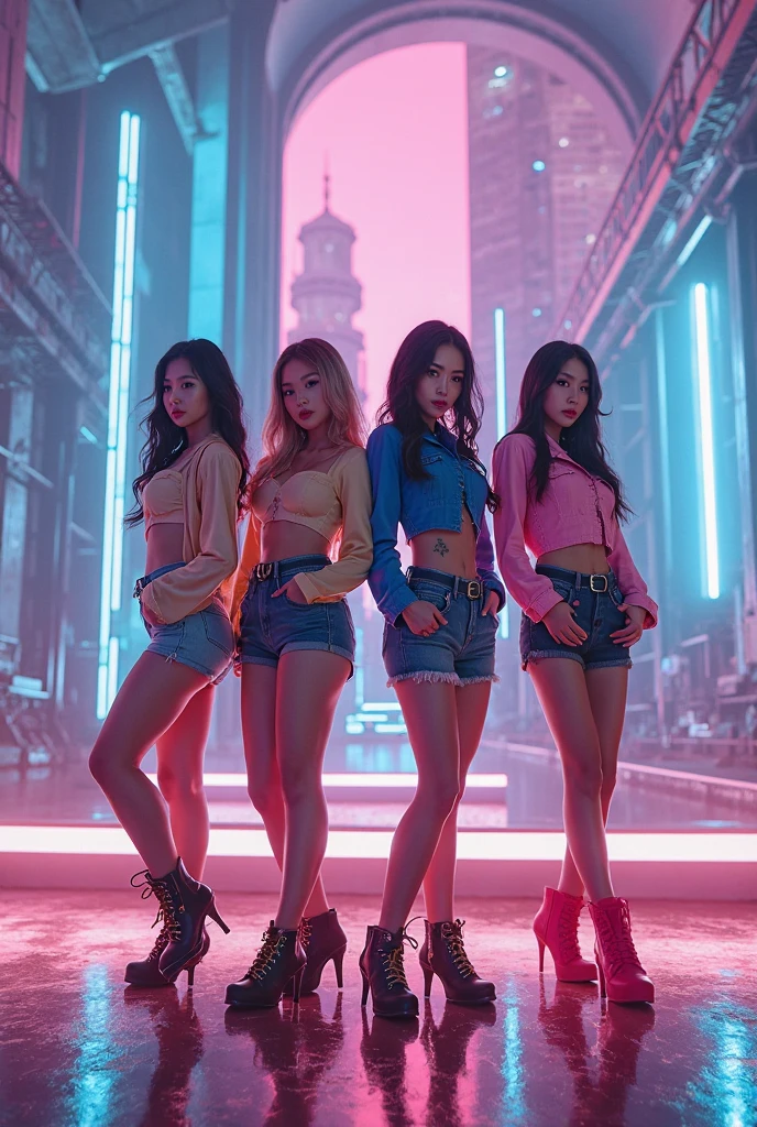 16K, HDR, RTX, ray tracing, best quality, masterpiece, ultra high quality, 3 girls, anime protagonist, tall, mature, cool, edgy, stylish cyberpunk outfit, multi colored hair, heroic drip, aesthetic, amazing, cool, beautiful, mesmerizing, alluring, ethereal, multicolored, highly detailed faces