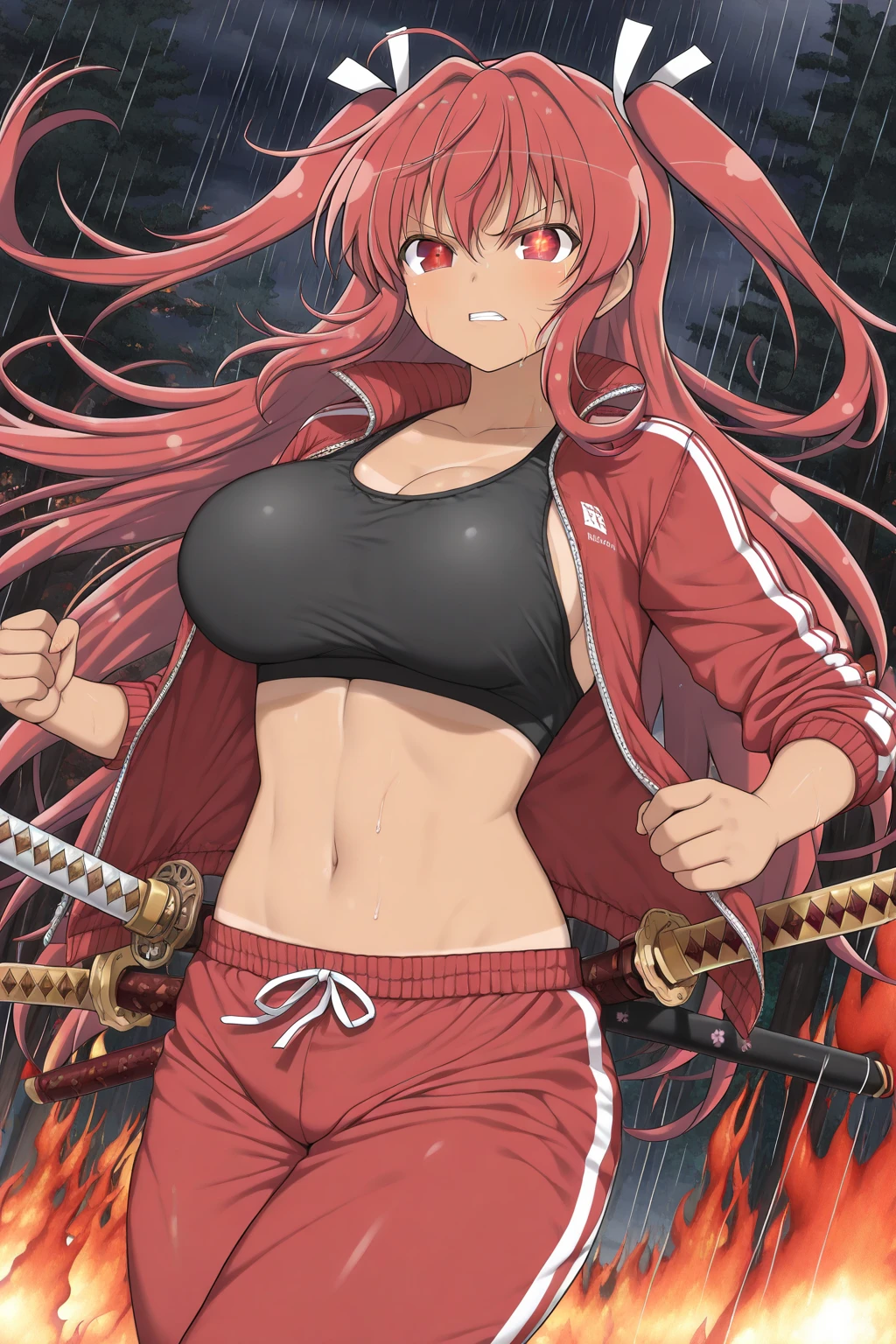 Creates a nude showing her breasts and panties holding a katana with pink hair in anime style 
