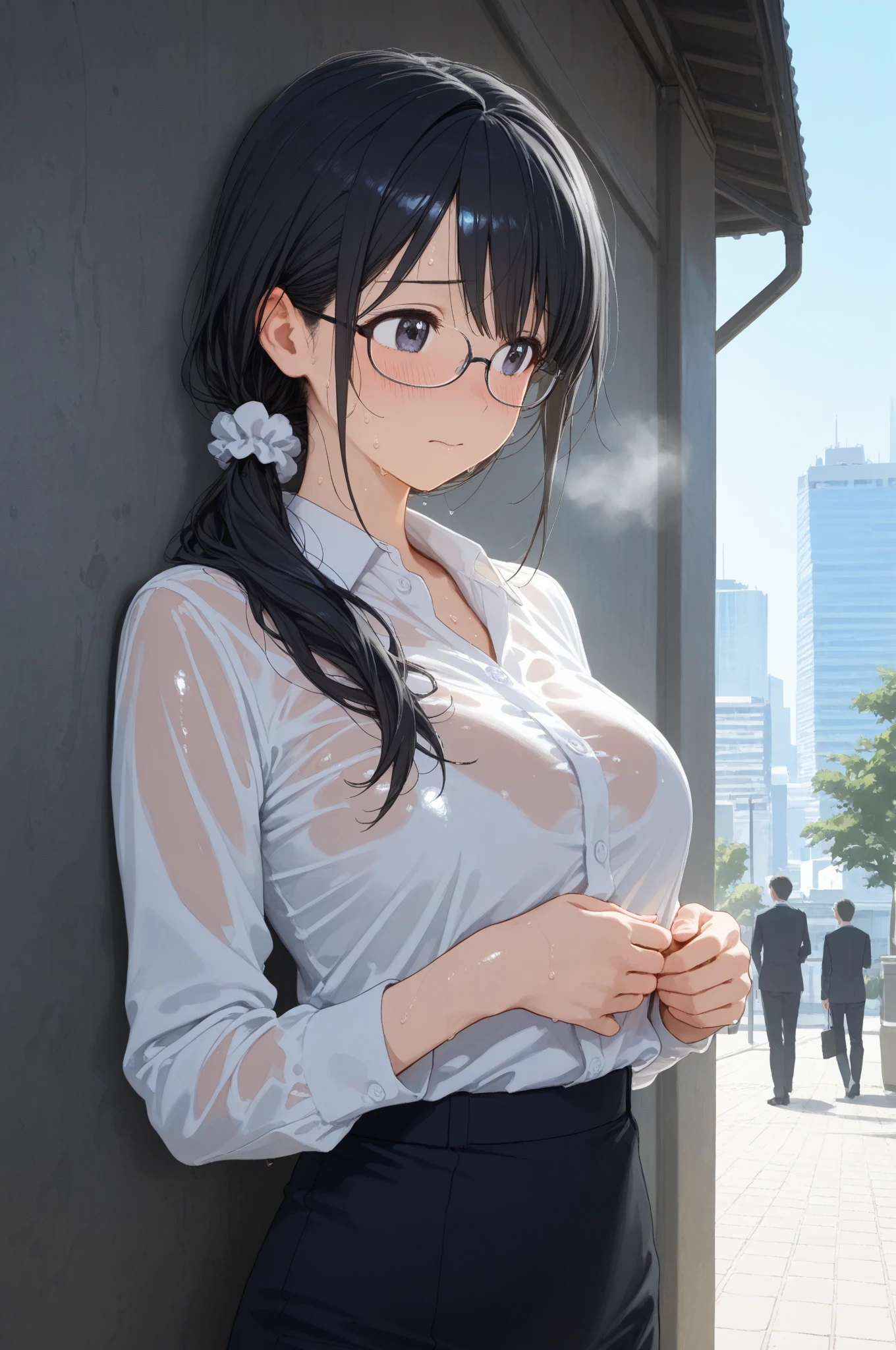 Brownish black hair, Iris, Fair skin, Face like goose eggs, atmosphereのある顔の特徴, expensive, Confidence and strength, Firm and plump, high school girl, , Curly Hair, Hair Bun, With hairpin, Red Rose, Blue Butterfly, White Rabbit, signboard, Official Quality, mysterious, Light and shadow, Correct Proportions, aesthetics, atmosphere,
