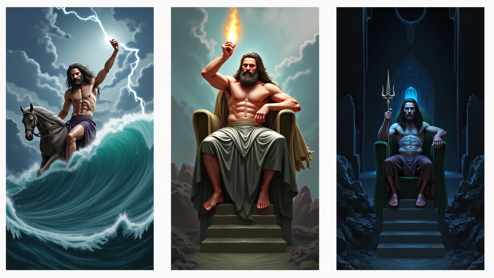 oil painting, oil on canvas, Born from the sea, the deity Poseidon sits on a throne, surrounded by tritons and men. shirtless men, nude, renaissance style, painting by Daniel Gerhartz, centered, prefect composition, golden ratio, 8k