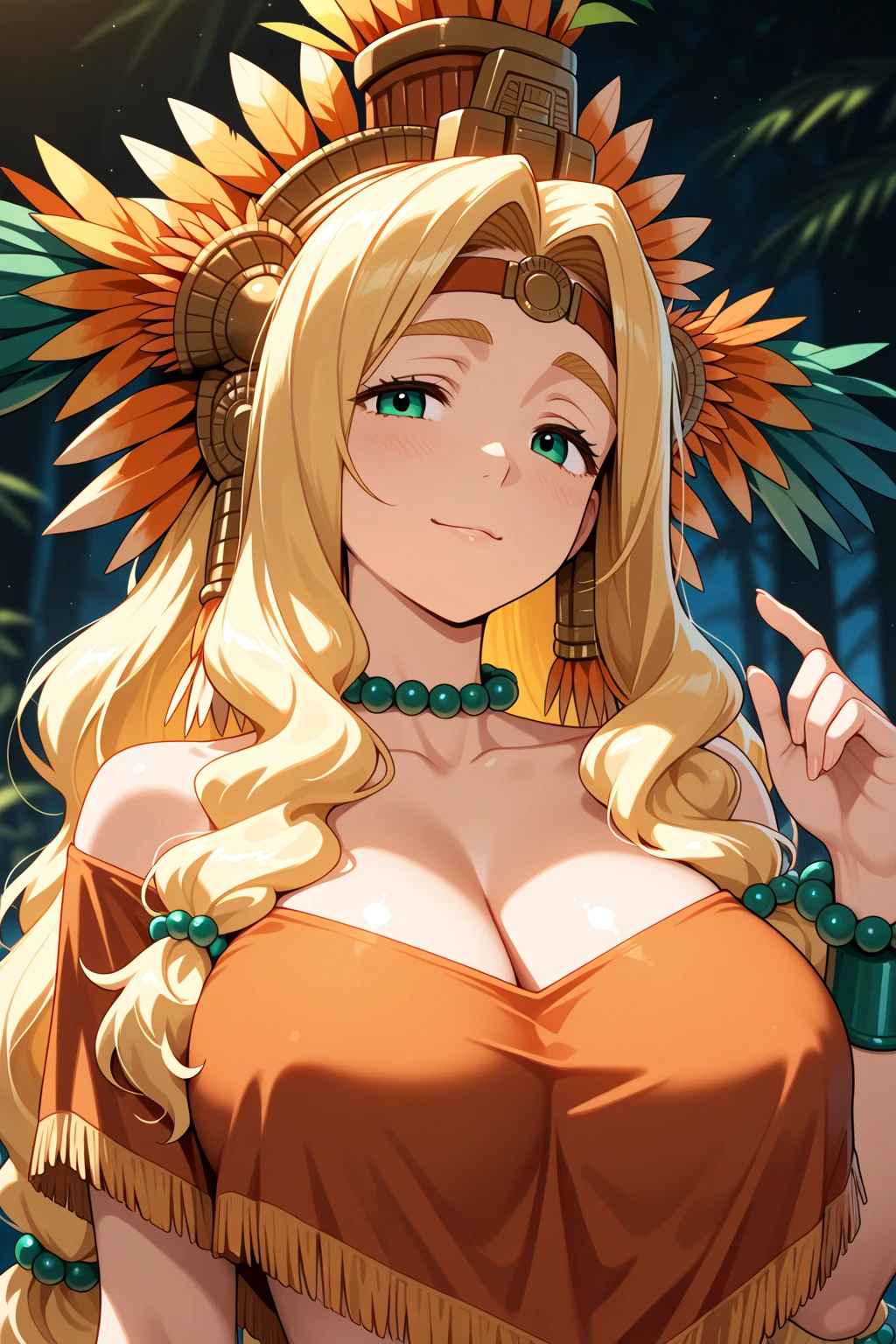 best quality, masterpiece, highres, solo, {quetzalcoatl_fgo:1.15}, long_hair, blonde_hair, smile, green_eyes, breasts, headband, large_breasts, jewelry, headdress, open_mouth, 1girl, necklace, looking_at_viewer, poncho, blush, piercing