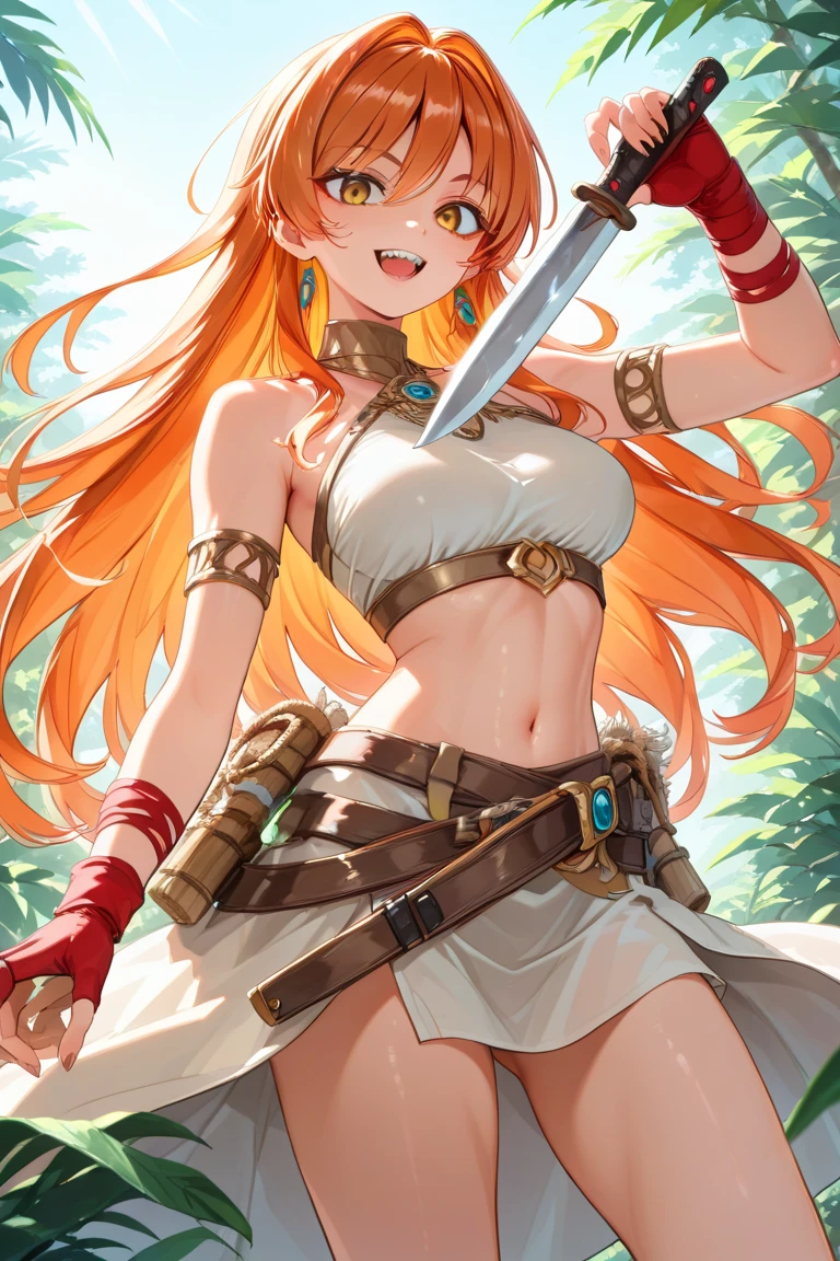 sunset shimmer tribal outfit, loincloth, feathers in hair, in a forest, aiming a bow and arrow