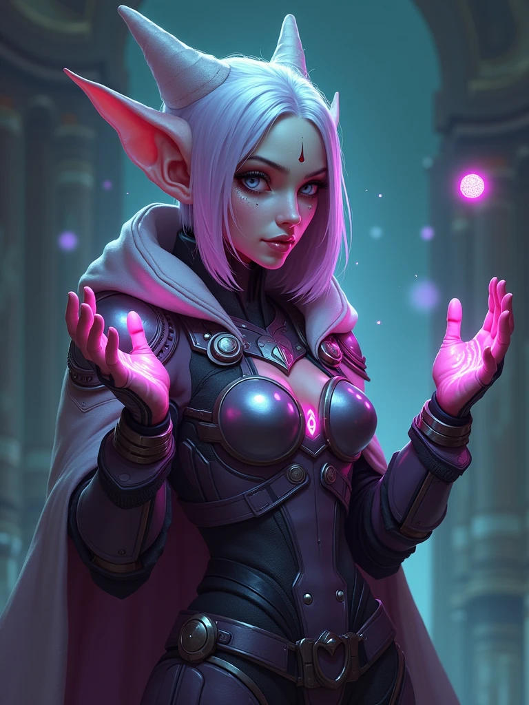 better quality, masterpiece, upper body,
(adult:1.6) elf woman, busty (smirk:0.4), arm behind her head,
short white hair,
magician,
 floating light particles, centered,